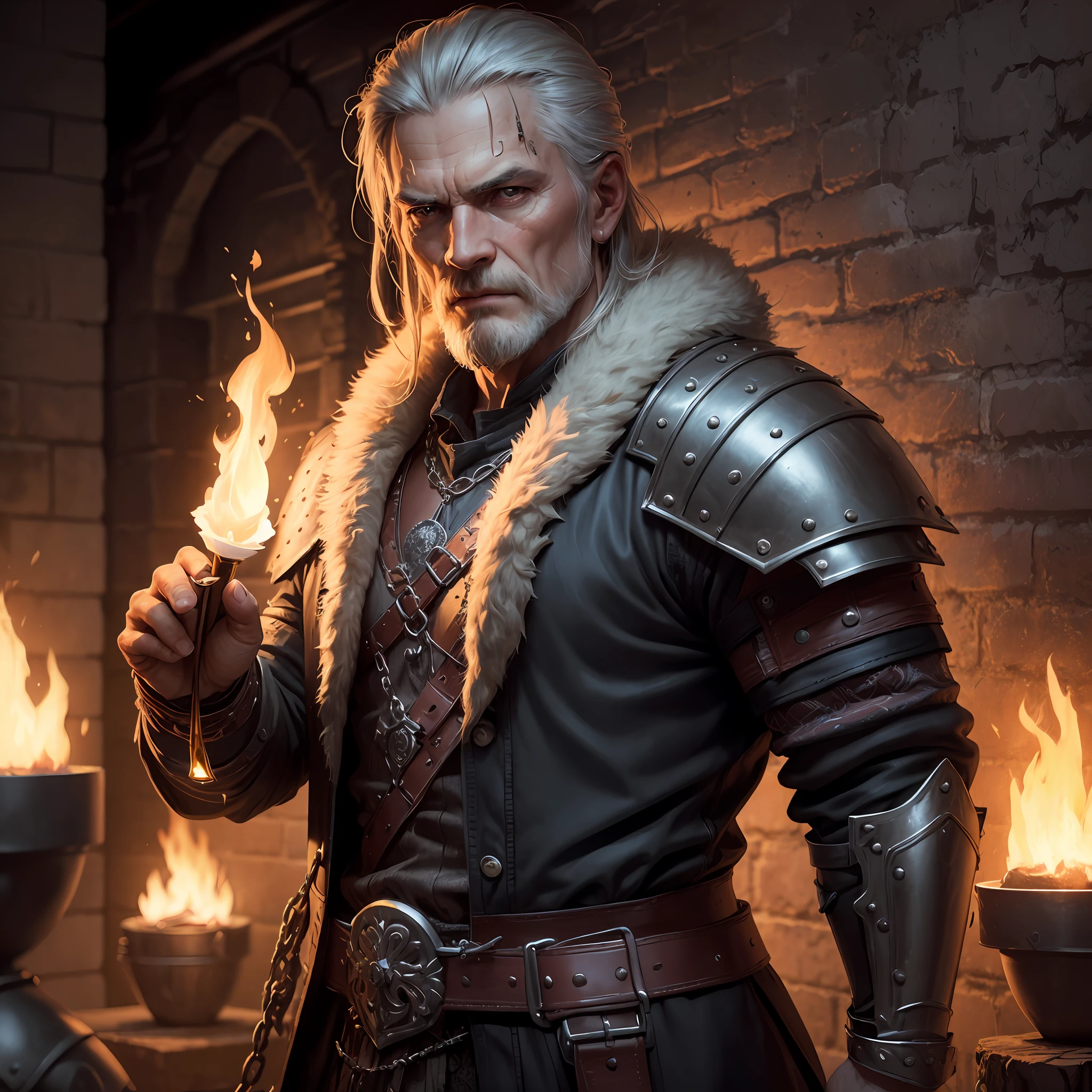 (Highest quality:1.3), cinematic shot, masterpiece, (sharp focus:1.5), (photorealistic:1.3),  medium portrait of (a weary-looking but still proud and fierce-looking old Viking warrior, now the leader of his village, dressed in elaborately detailed chain mail and leather armour, a few torches burn on the walls, giving the scene a dark atmosphere but sculpting the forms in sharp chiaroscuro), it is night time, (highly detailed skin),  (detailed face), detailed background, dark lighting, twilight lighting, volumetric lighting,  intricate details, UHD, --auto