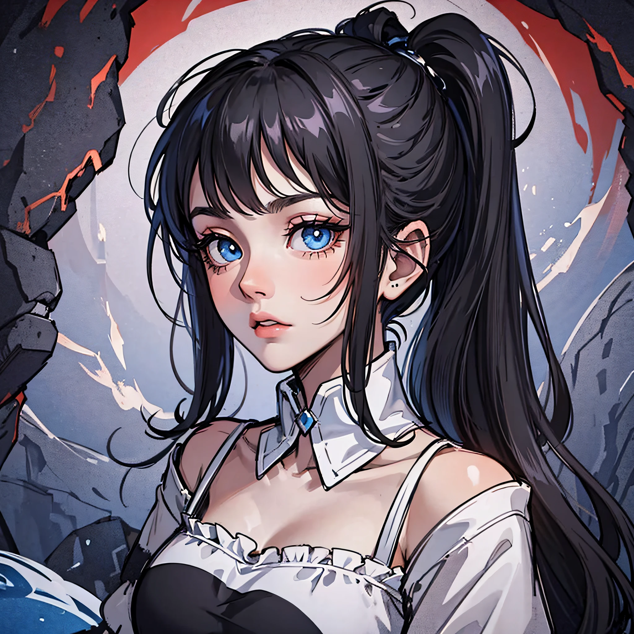 A girl with a black ponytail,wearing white dress,Blue eyes,In a gloomy cave,A scared expression,There was a dark shadow in the distance