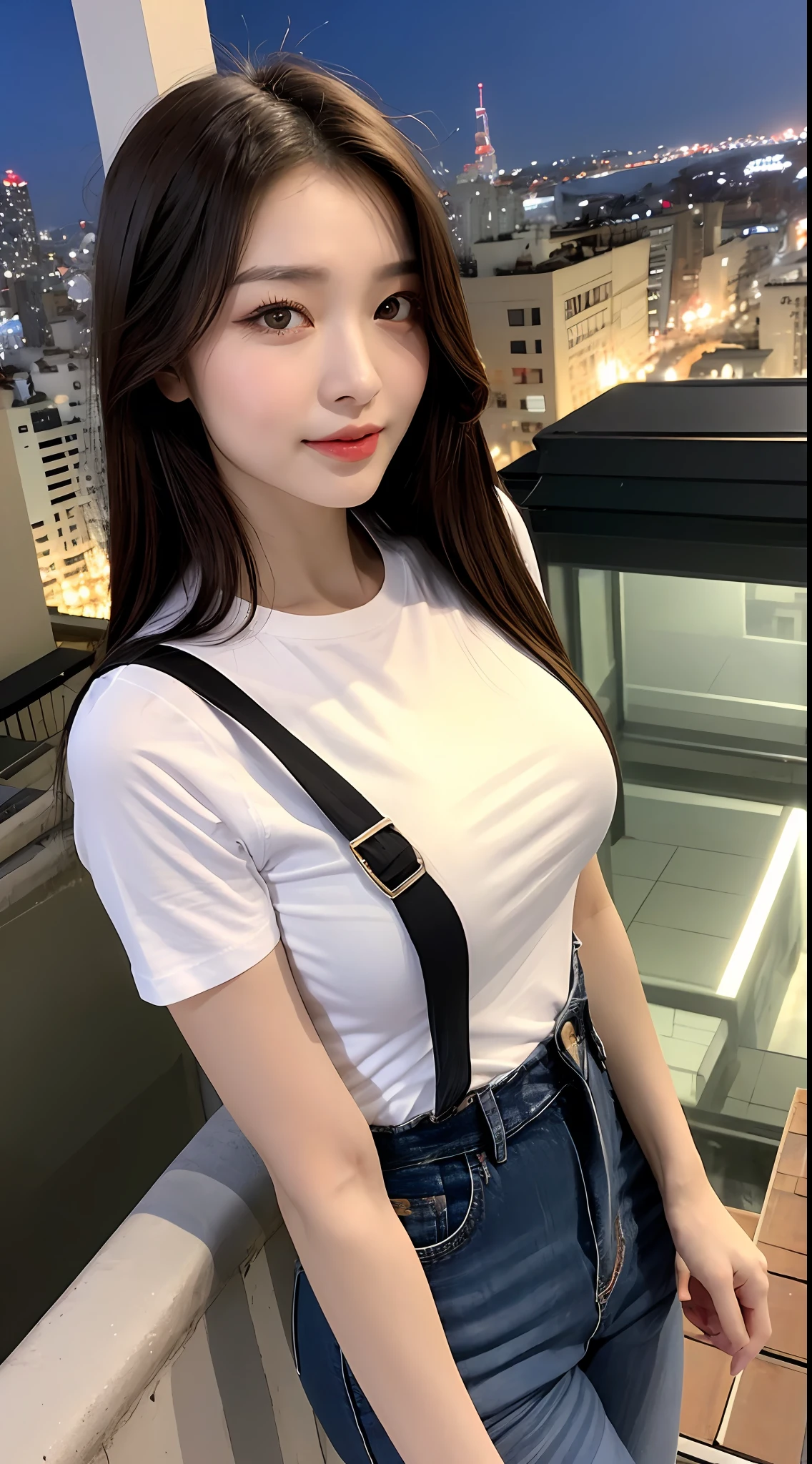 ((Midnight, Best quality, 8k, Masterpiece :1.3)), Whole body, Long legs, Sharp focus :1.2, A pretty woman with perfect figure :1.4, Slender abs :1.1, ((Dark brown hair, Big breasts :1.2)), (White tight tshirt, Jean bib, Standing:1.2), ((Night city view, Rooftop:1.3)), Highly detailed face and skin texture, Detailed eyes, Double eyelid