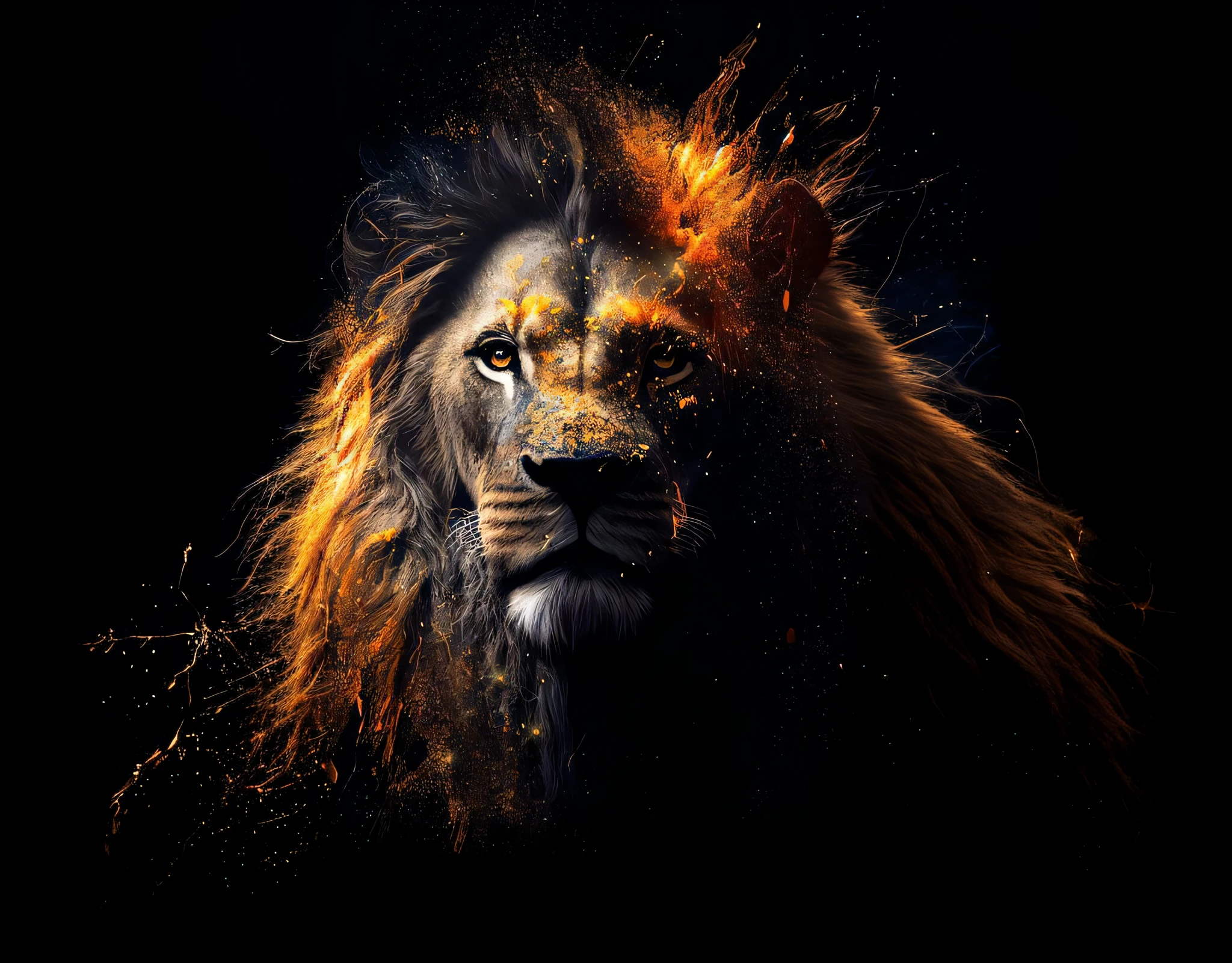 a close up of a lion with a black background, fire lion, Rei da selva, with the mane of a lion, lion warrior, Aslam, the Lion, lion, face of an lion, lion head, the mane of a lion, Senhor da Selva, portrait of a lion, Direction: Adam Marczyński, amazing art, half lion, lions