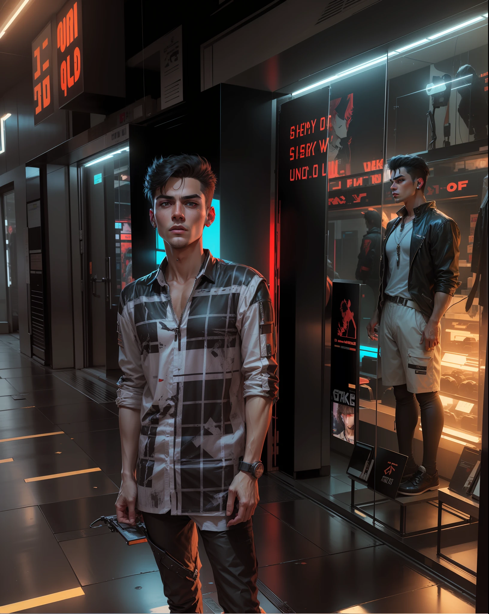 Change background to dark cyberpunk handsome boy,realistic face,8k,cool,dark