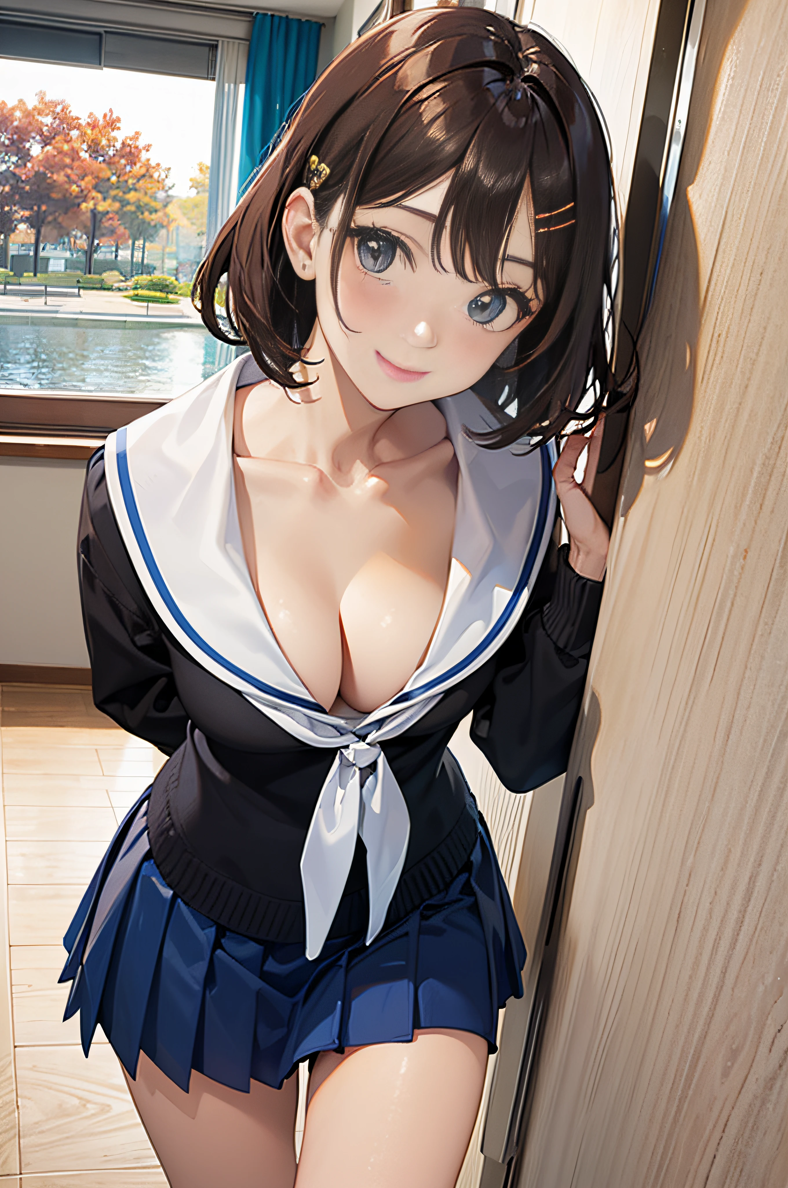 Masterpiece, 8K, Best quality, Real image, Intricate detail ,Ultra detail, Ultra high definition, Depth of field, Close up, Straight in shot, Straight in middle,1girl, cute, innocent big eyes, (Brown_SHORT_hair), (blue eyes:1), (bangs), (hairclip), perfect glossy skin, perfect skin, medium breasts, thin waist, shy, thin blush, solo, looking at viewer, smile, ((school_uniform)), pleated skirt, (BLUE Tie), loafers, (Gravure pose:1.2), Sunset, Nippon High School, skirt lift, show off white panties, from below,