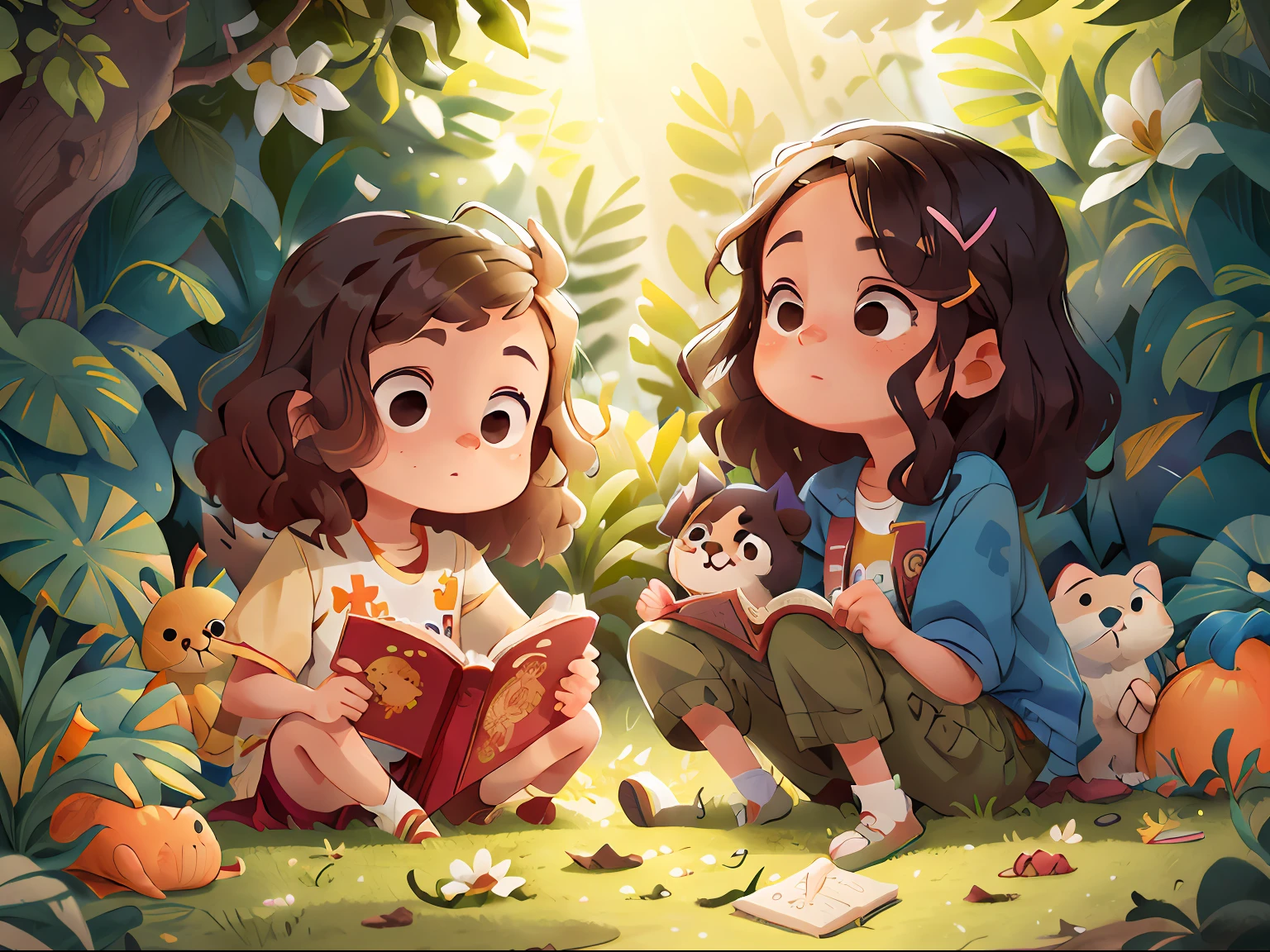 : Era uma vez, em um jardim florido e tranquil, were the adorable curly-haired brunette twins, Larissa e Andressa. Elas vestiam jardineira e blusa branca. Elas eram muito obedientes e sempre prontas para ajudar! Uma vez elas encontraram um livro e ficaram encantadas