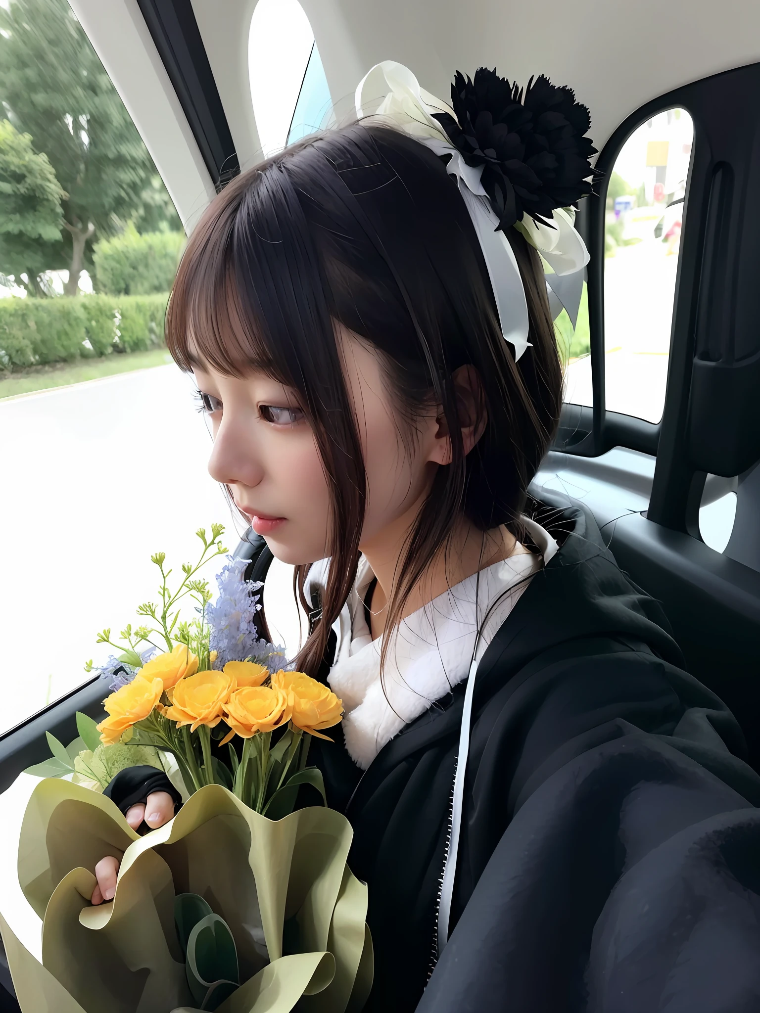 There was a woman sitting in the car,Holding a bouquet of flowers in his hand, With flowers, Holding flowers, flowers in her dark hair, Middle metaverse, wearing a hoodie and flowers, student, mingchen shen, xintong chen, flower in her hair, Holding a flower, flower head, jiyun chae, xue han