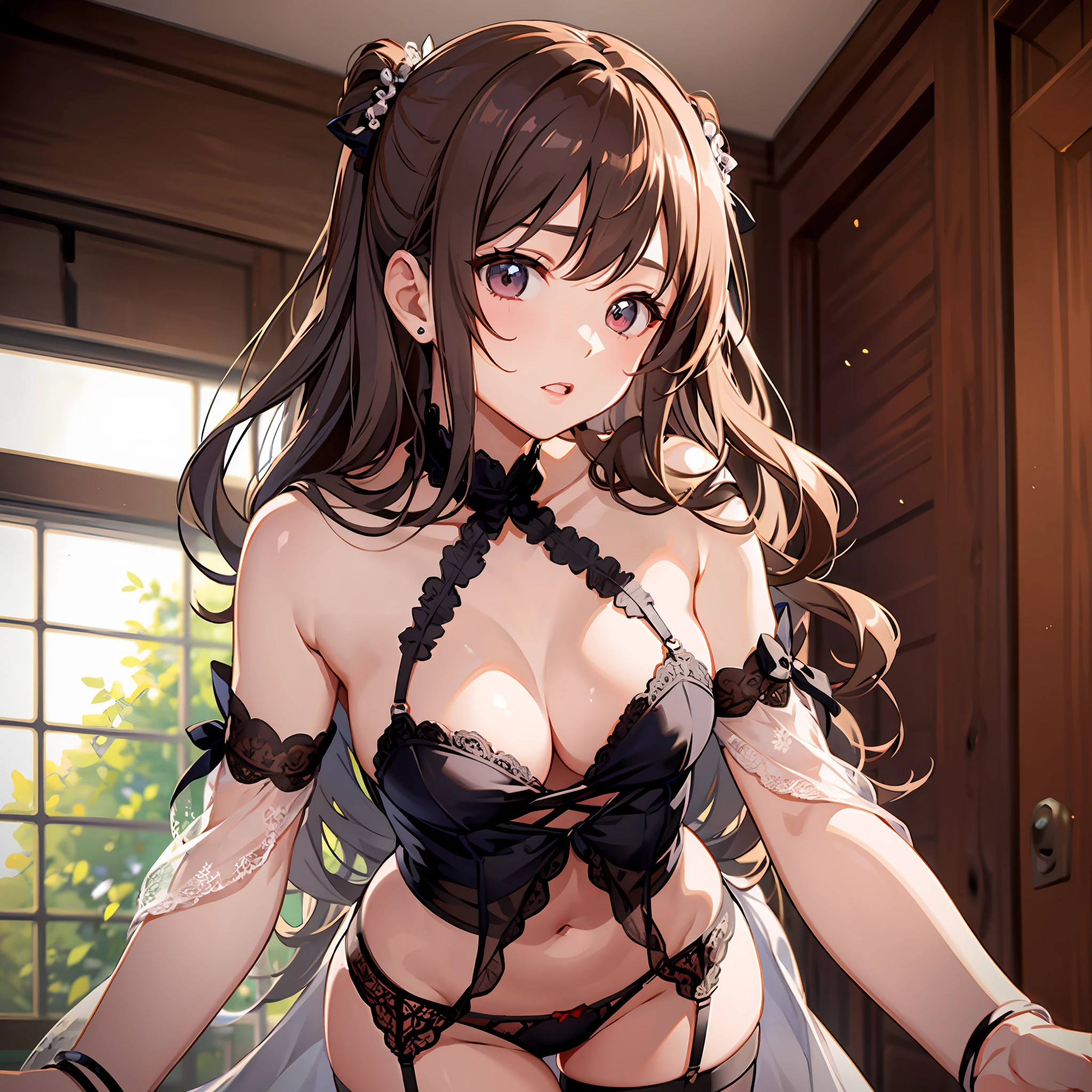 Very delicate and detailed body、Outstanding style、kawaii girl、Red underwear、Garter belt、Pose to rake up hair