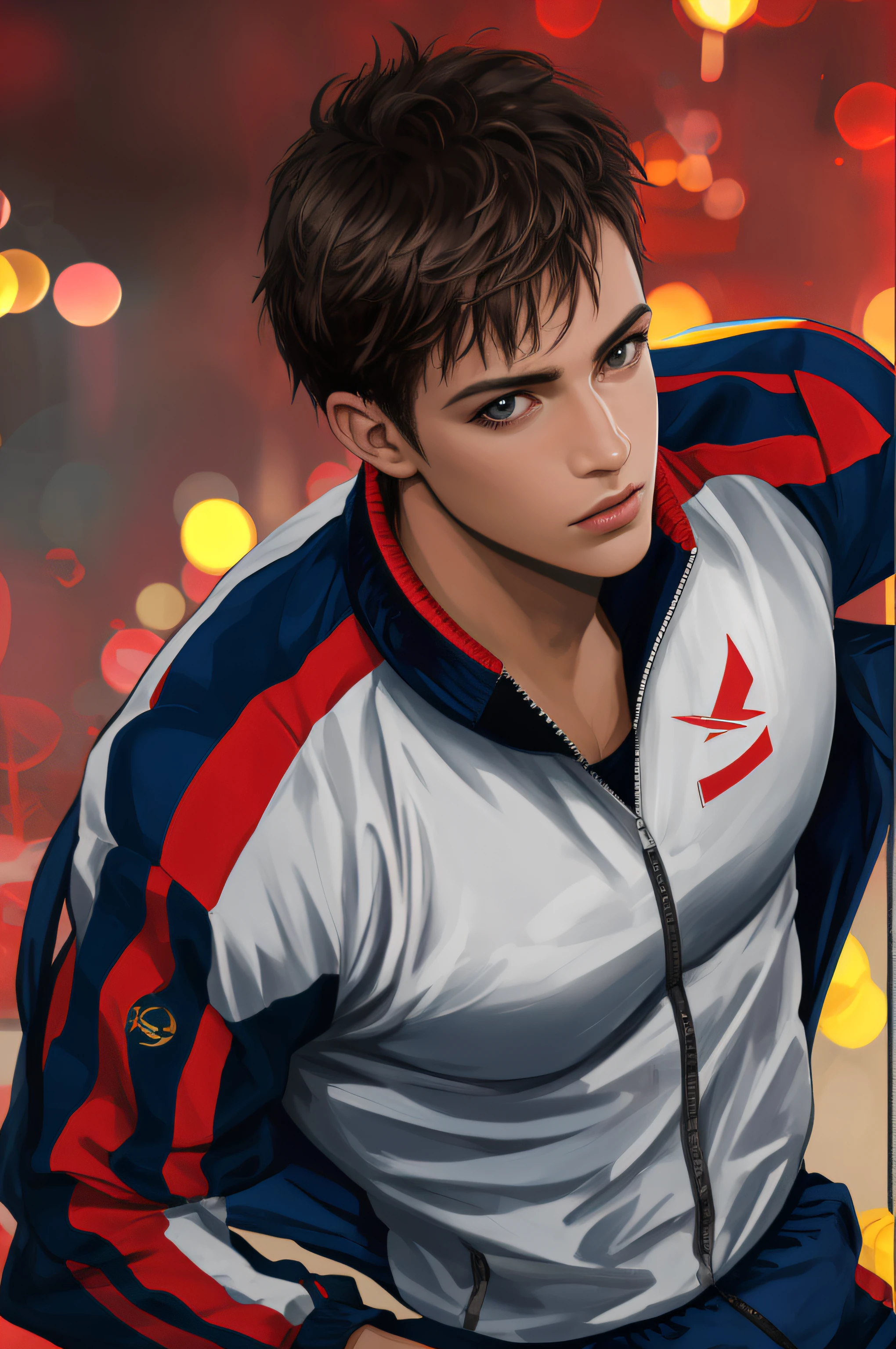 masterpiece, best quality, highres, sharp focus, 4k, bokeh, realistic, 1 male, adult, broad shoulders, biceps, slim body, man boobs, detailed eyes, angular and chiseled, torn tracksuit,