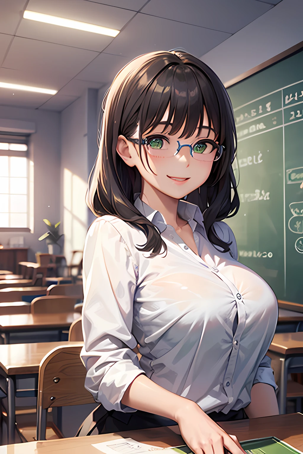 Global Illumination、A masterpiece、maximum quality、Full polygon、Smoothing、Fine touch、Black glasses、brunet、With bangs、Green Eye、Happy smile、suits、teacher、chalk、class room、thick physique