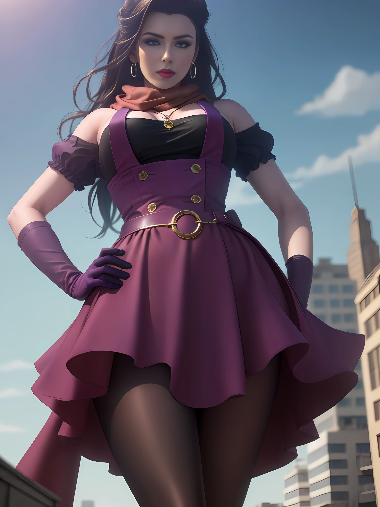 (Masterpiece, best quality, high quality: 1.4), professional art, intricate details, field of view, sharp focus, detailed painting, photorealistic lighting, trend in pixiv, (vivid lighting, vibrant colors: 1.05), realistic shadows, ambient occlusion,
LisaLisa, (mature female, milf:1.1), solo, standing, posing, (Fashion Flamboyance:1.1), hand on hip, (sky background:1.1), (full-body shot:1.1), looking at the viewer,
black hair, long hair, (scarf: 1.1), lipstick, makeup, ultra detail hair, ultra detail face, (blue eyes|purple:1.05), perfect eyes, perfect face,
(black pantyhose: 1.1), heels, broad shoulder, dress, miniskirt, bare shoulders, necklace, purple gloves,
(Big breasts:1.15), big ass,