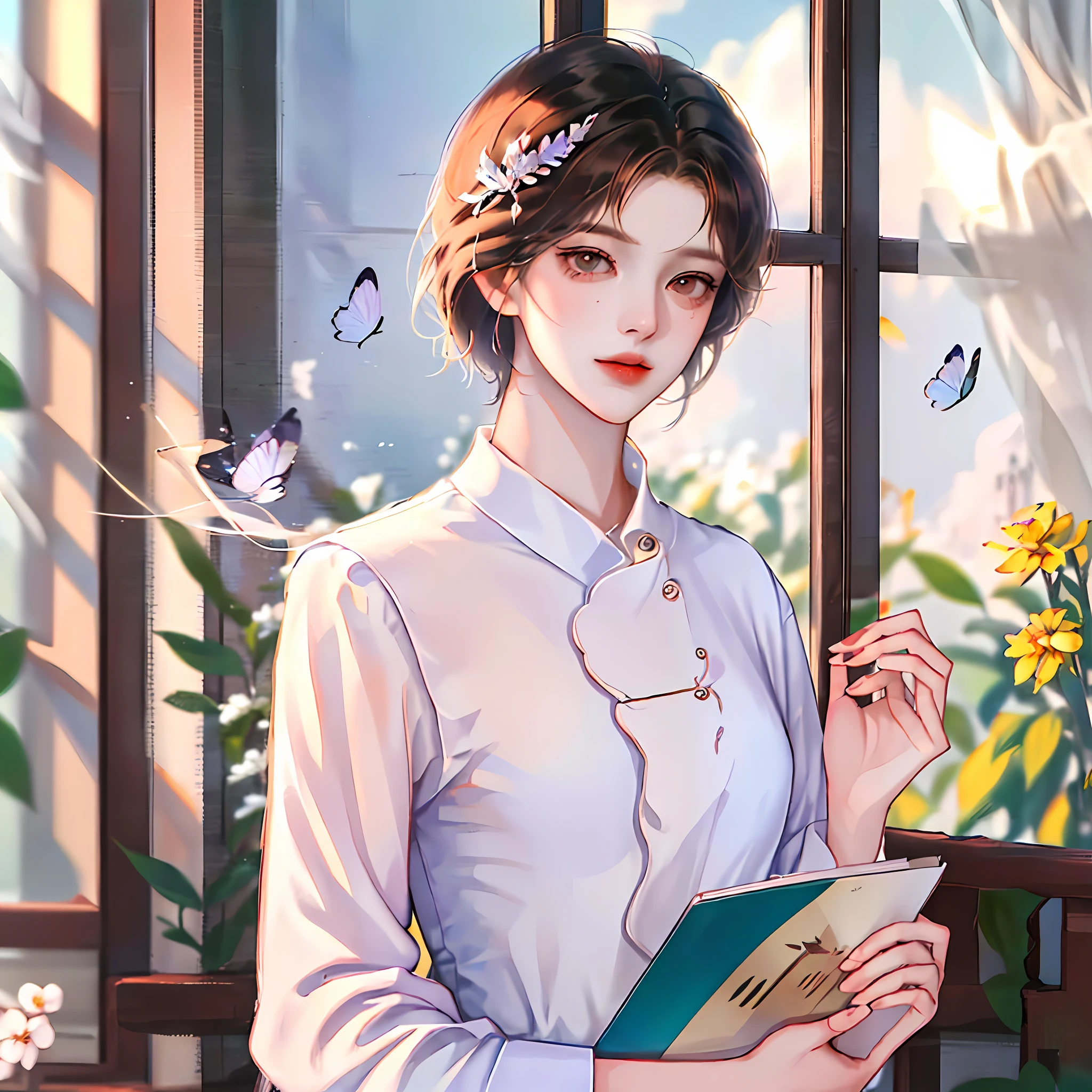 a person with wings is flying, a person in a shirt and trousers is reading a book by the window with flowers, butterflies flying around, (absurdres, highres, ultra detailed, HDR), masterpiece, best quality, sunshine, handsome boy, short hair, cold boy, style 4K, style 8K,