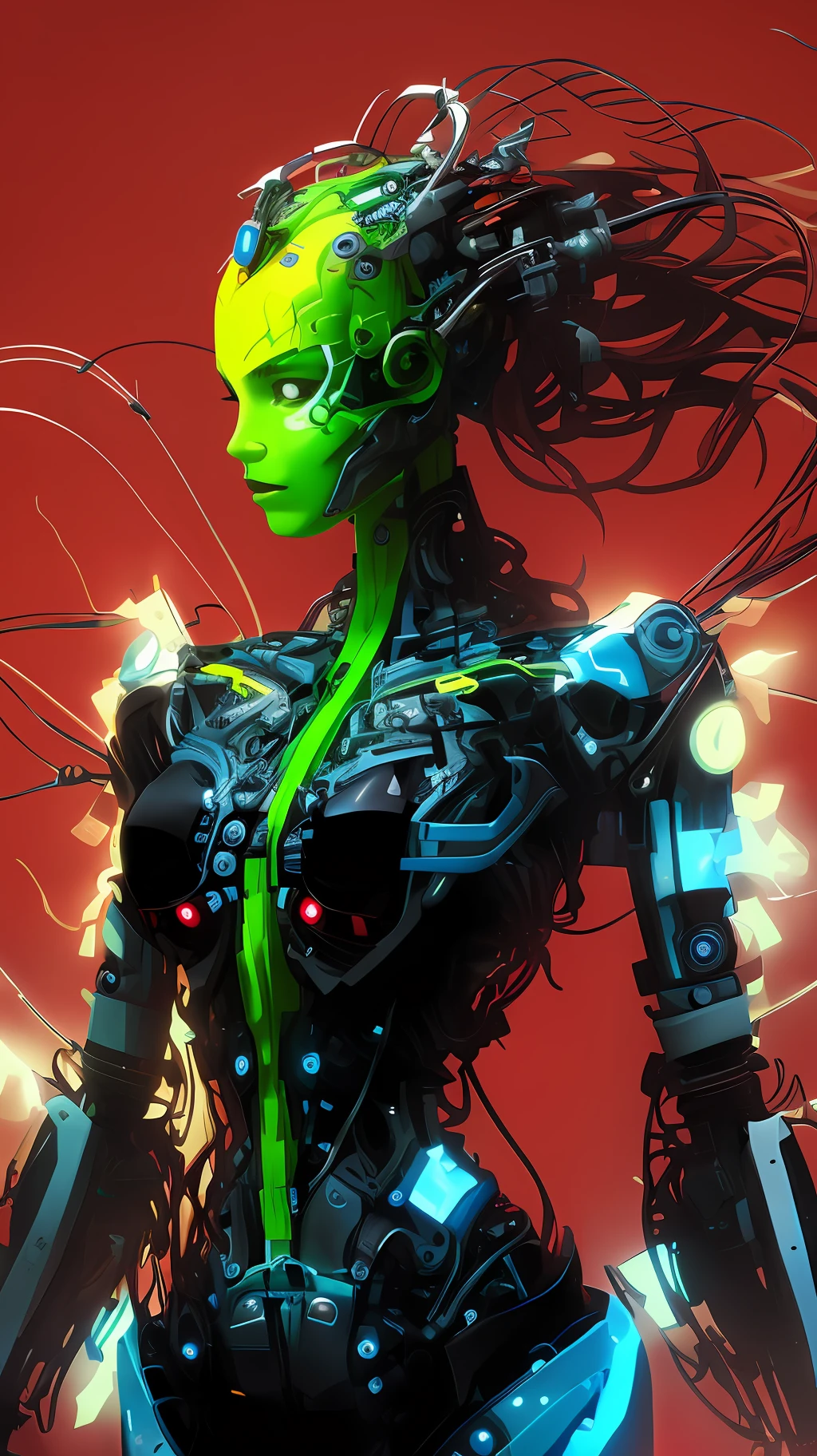 a close up of a robot with a green head and a red background, cyberpunk robotic elvish queen, highly detailed cybernetic body, Retrato de um androide feminino, mulher android bonita, beautiful female android, Retrato de uma rainha ciborgue, sci-fi android feminino, Quebrado bonito android feminino!, cybernetic and highly detailed, beautiful female android!, mulher ciborgue