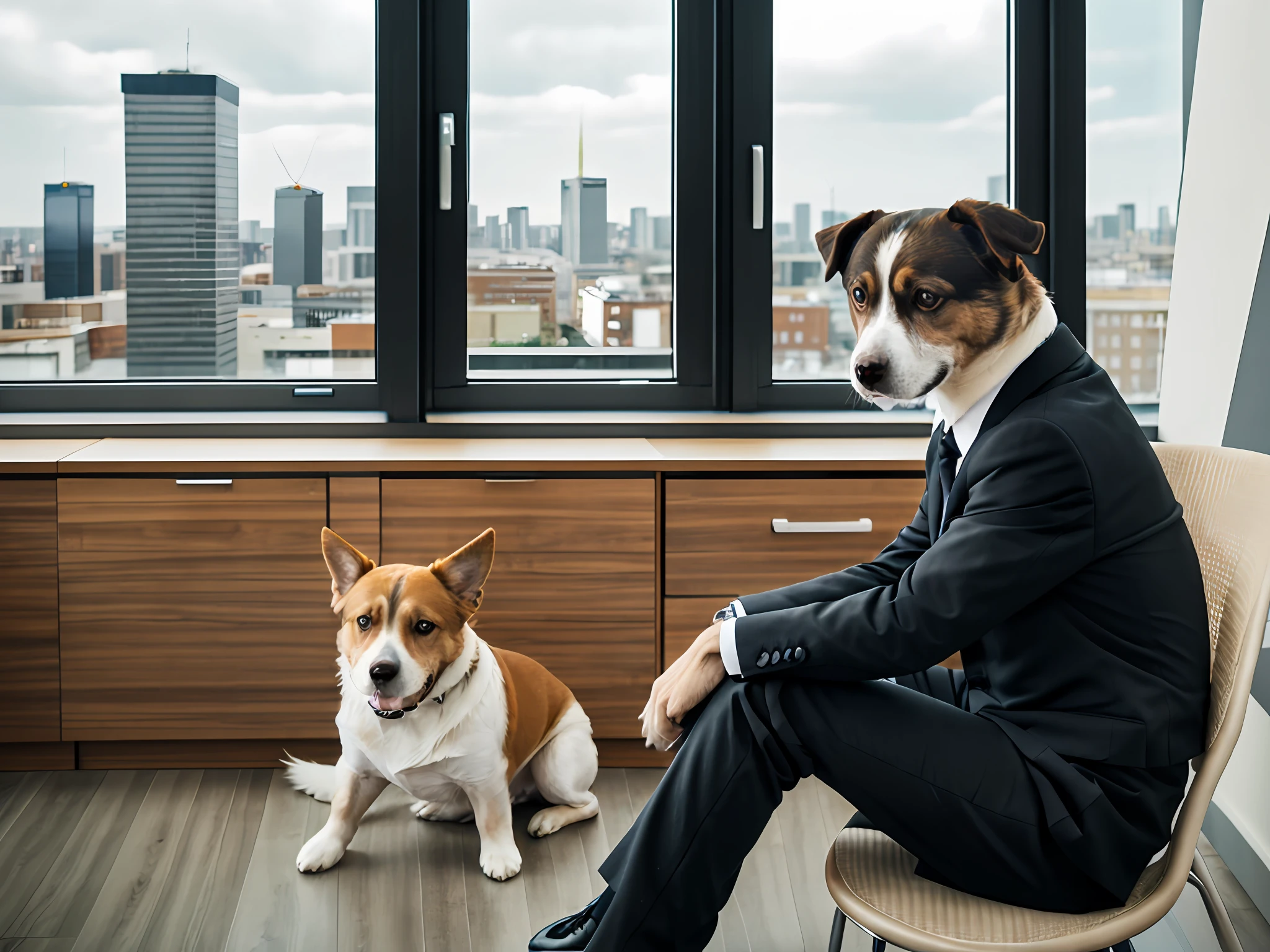 human dog with a black suit, sitting in an office, in the background a large window overlooking a city full of buildings --auto --s2
