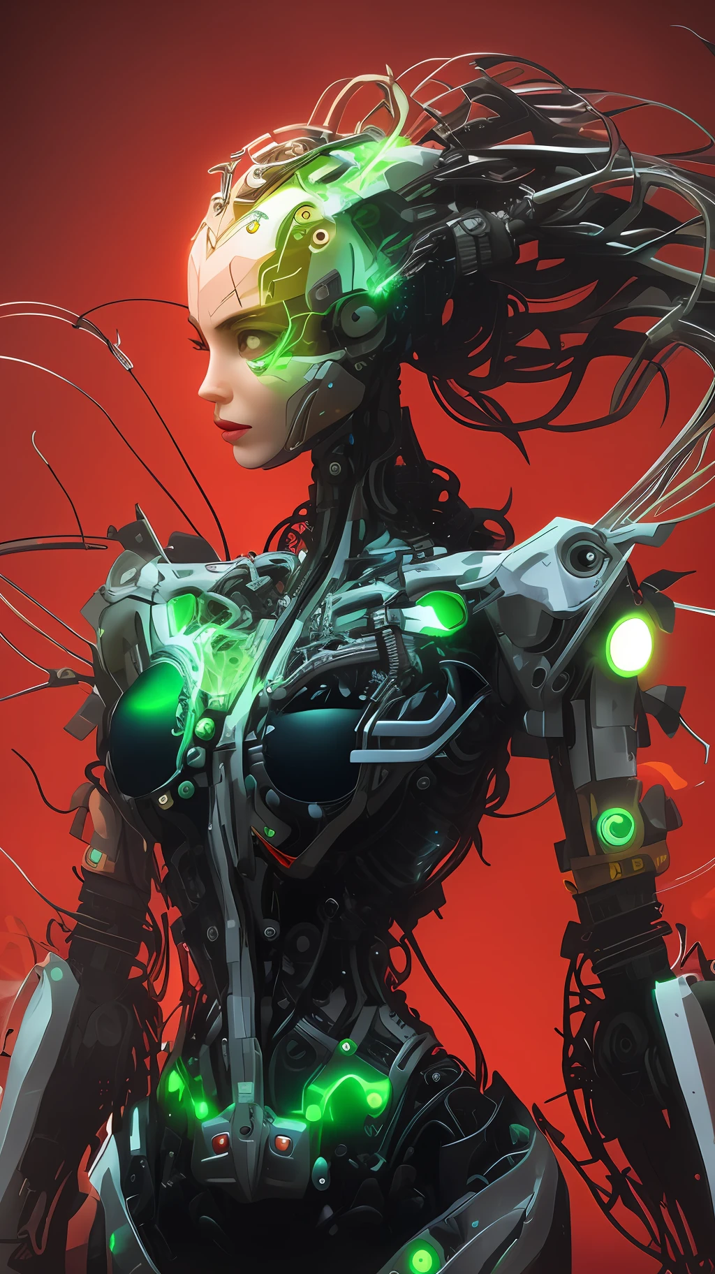 a close up of a robot with a green head and a red background, cyberpunk robotic elvish queen, highly detailed cybernetic body, Retrato de um androide feminino, mulher android bonita, beautiful female android, Retrato de uma rainha ciborgue, sci-fi android feminino, Quebrado bonito android feminino!, cybernetic and highly detailed, beautiful female android!, mulher ciborgue