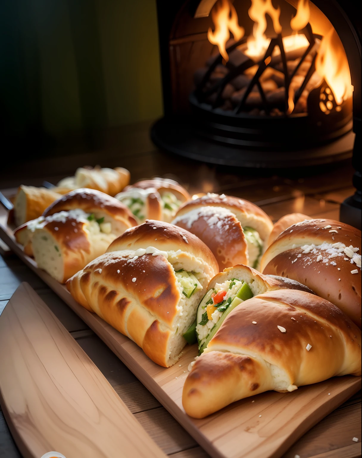 arafed breads are sitting on a tray in front of a fire, calzone zone, a lenha, traditional corsican, crispy buns, loaves, cozinhado, steamed buns, sombrio, Delicioso com sementes de gergelim, loaves, espalhamento de ninhada, inspired by Géza Dósa, (fogo) Obra de arte, alta qualidade, cinematic lighting of food in small bowls on a cutting board, Time Calzone, marroquino, 3 4 5 3 1, easy, the Middle East, rustic, delicioso, Fotografia de comida de alta qualidade, fotografia profissional de alimentos, suave - quente, Fotografia de Comida Gourmet, 3delight, Fotografia de Alimentos, close up fotografia de comida, imagem detalhada, inspired by Géza Dósa, Lebanon, azeite, Flag of Lebanon --I --auto