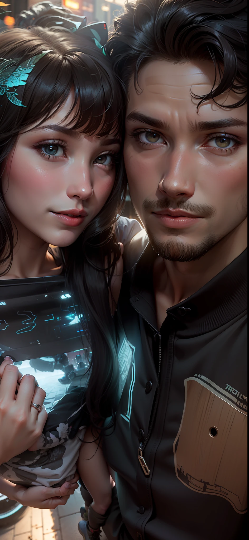 graphic design, flat design, boy carrying a skateboard and beautiful girl in their twenties, hugging, in love, romance. Full body. Night city, highly detailed clean, photorealistic masterpiece, professional photography, realistic, very dark background, isometric, vibrant color vector, high definition