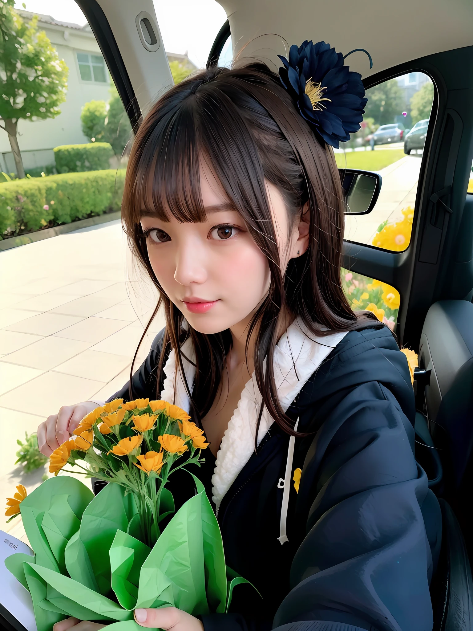 There was a woman sitting in the car，Holding a bouquet of flowers in his hand, With flowers, Holding flowers, flowers in her dark hair, Middle Metaverse, wearing a hoodie and flowers, student, mingchen shen, xintong chen, flower in her hair, Holding a flower, flower head, jiyun chae, xue han
