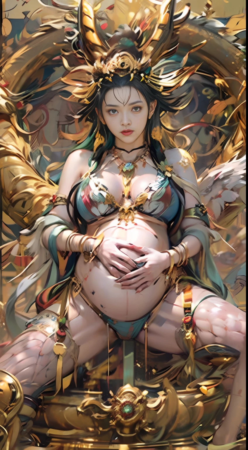 pregnant woman、Big belly、Biggest breasts　Extreme thighs、only girl、（Straddling the Dragon、Mating with dragons）、（Golden horns and a large tail）、Golden underwear、seethrough、Golden micro bikini Dunhuang style、Surrealism、Hyper-Realism、Suprematism、classicism、edc、retina、A Masterpiece、ccurate、Textured Skin、Anatomically correct、Super Detail、High detail、high-quality、1080p、A high-resolution、maximum quality、Award-Standing、16K、8K、4 k、HD