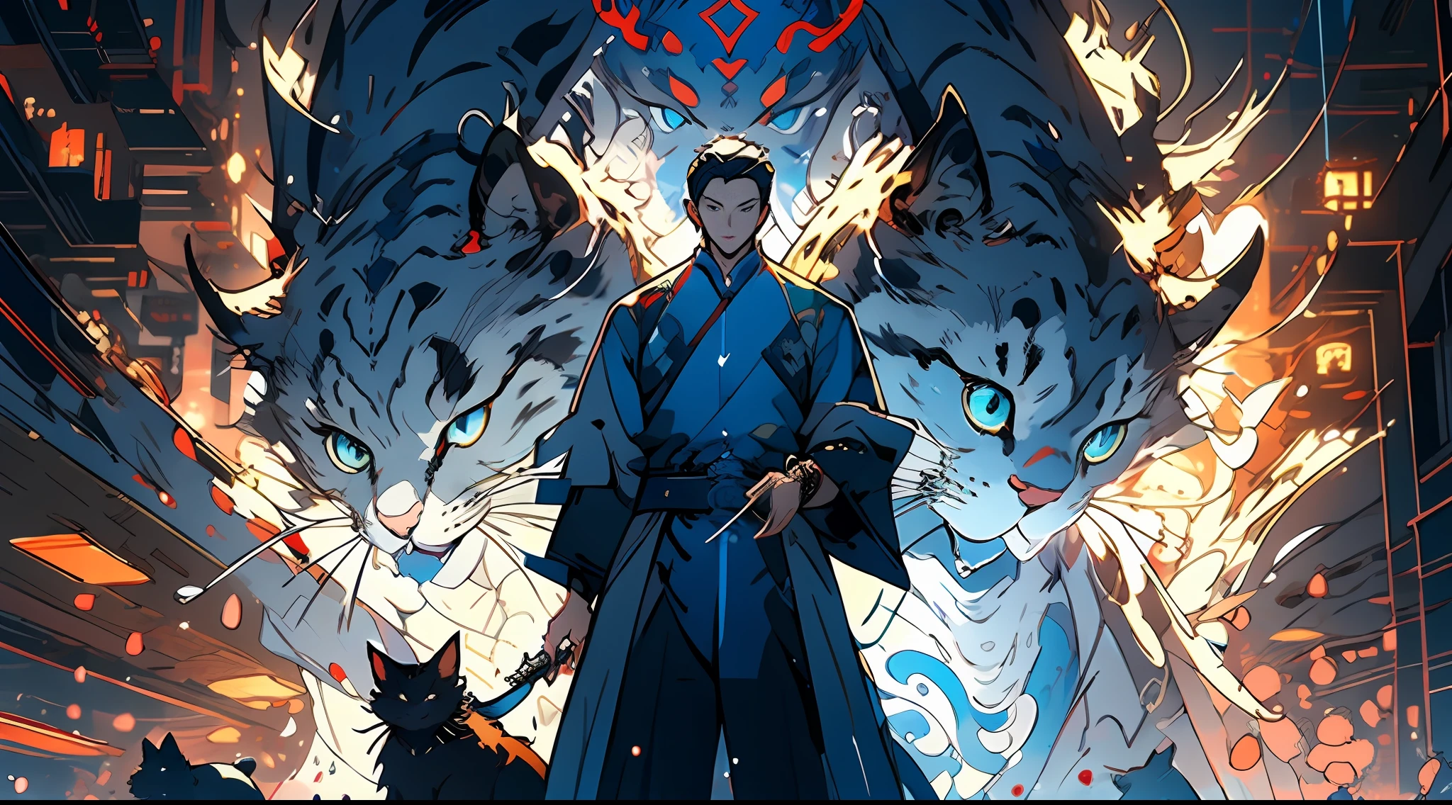 Anime art wallpaper，A Masterpiece，Top quality，best qualit，Extreme detail，A Taoist priest，Majesty，Blue-gray clothing，The role of standing in front of animals，Blue-gray cat，pubic hair is transparent，Detailed eyes，Detailed fingers，Detailed face，Xianxia，Chinese style