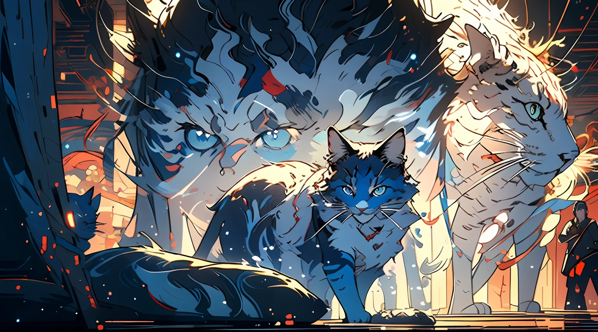 Anime art wallpaper,A Masterpiece,Top quality,best qualit,Extreme detail,A Taoist priest,Majesty,Blue-gray clothing,The role of standing in front of animals,Blue-gray cat,pubic hair is transparent,Detailed eyes,Detailed fingers,Detailed face,Xianxia,Chinese style