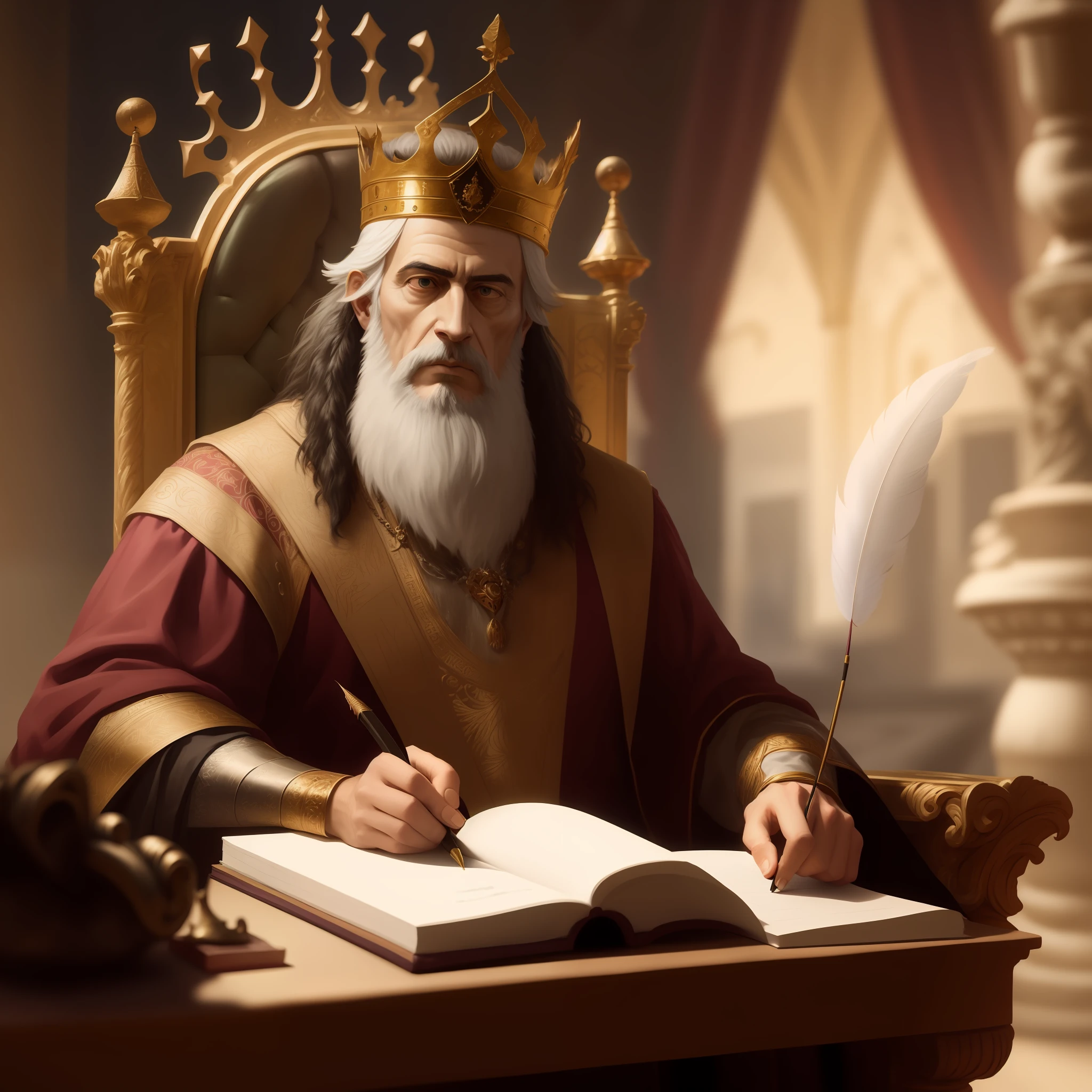 King Solomon sitting on his throne writing with a feather
