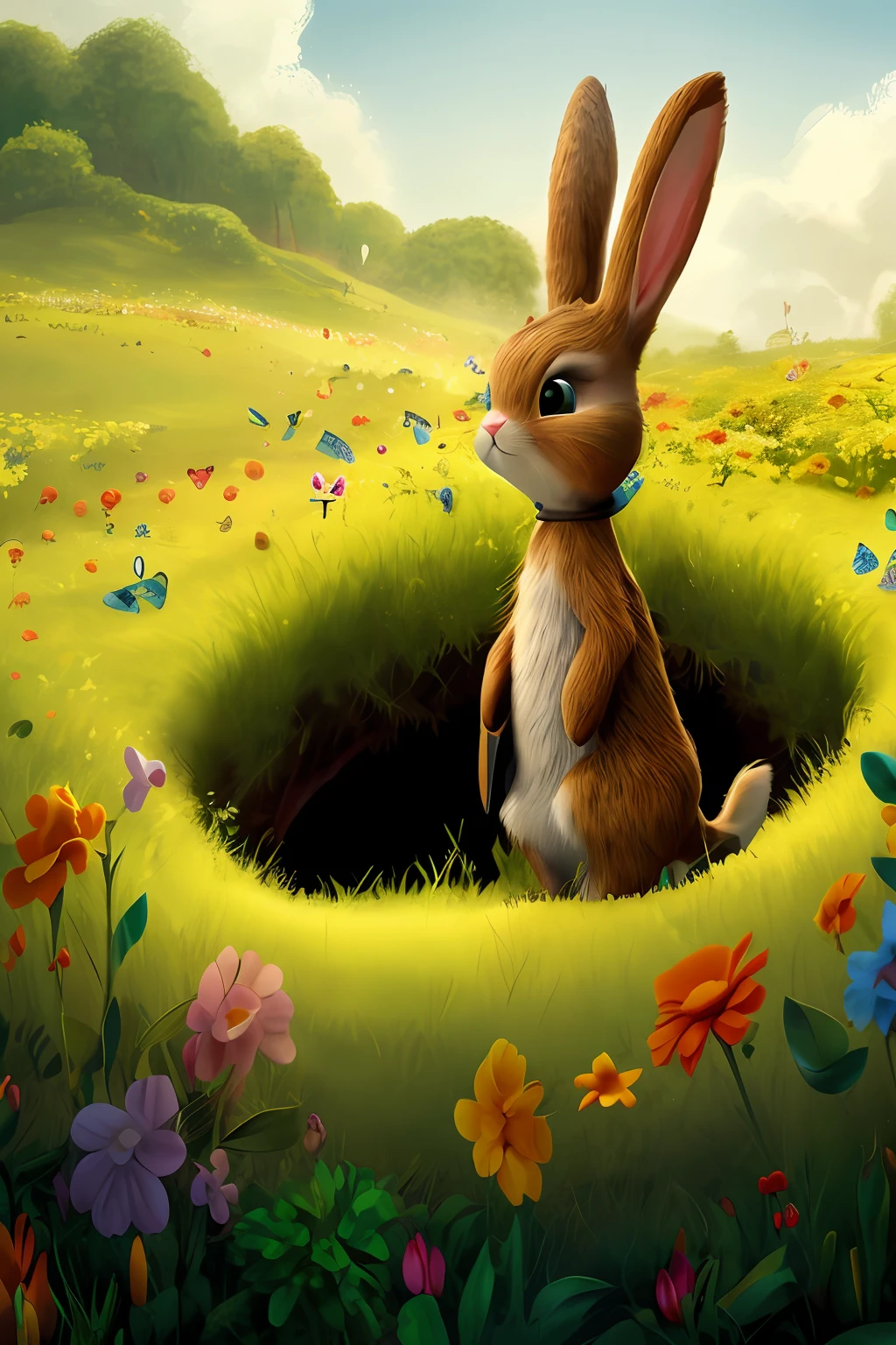 coelho em um buraco em um campo de flores, adorable digital painting, coelhinho, Direction: Goro Fujita, Rabbt_character, arte digital detalhada bonito, coelho, coelho_coelhinho, a rabbit full of hope, cute storybook illustration, arte digital bonito, cute anthropomorphic bunny, Artistic illustration, anthropomorphic rabbit, papel de parede hd, Awesome