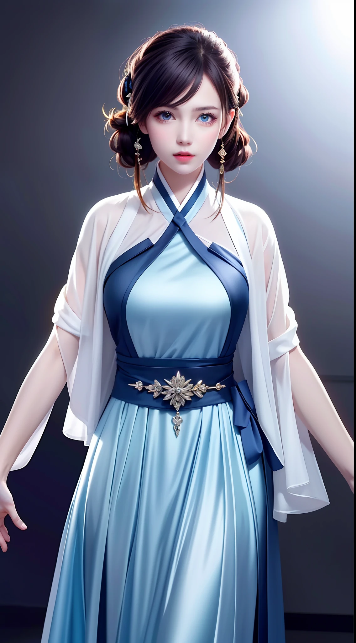 Hanfu, National Style 3.2, Full Body, Walking Posture, Slow Motion, Men Wear Full Body Multi-layered (Heavy Robe: 1.2), (Blue Ice Flower Long Dress: 1.2), Gloves, (Very Detailed, Bloom: 1.5), (Highest Quality, Alessandro Casagrande, Greg Rutkowski, Sally Mann, Concept Art, 4k), (Analog: 1.2), (High Definition), (Detail Pupil: 1.1), (Painting: 1.1), (Digital Painting: 1.1), Detailed Face and Eyes, Masterpiece, Best Quality, (Highly Detailed Photo: 1.1), 8K, Realistic, (Ice Hair Color, Dynamic Hairstyle), (pureerosface_v1:0.1), Jeremy Mann, Sandra Chevrier, Maciej Kuciara, Sharp, (torn body: 1.1), realistic, realistic shadows, (ice background: 1.2), (Michelangelo), ohwx style<lora: (style of ohwx) masterpiece, best quality, (extremely detailed CG unity 8k wallpaper, masterpiece, best quality, ultra-detailed, best shadow), (detailed background), (beautiful detailed face, beautiful detailed eyes), High contrast, (best illumination, an extremely delicate and beautiful), (girl:1.5), ((Not relevant)), ((caustic)), dynamic angle, beautiful detailed glow, (portrait:0.2),dynamic angle, beautiful detailed glow, (portrait:0.2),pigtail,full body,