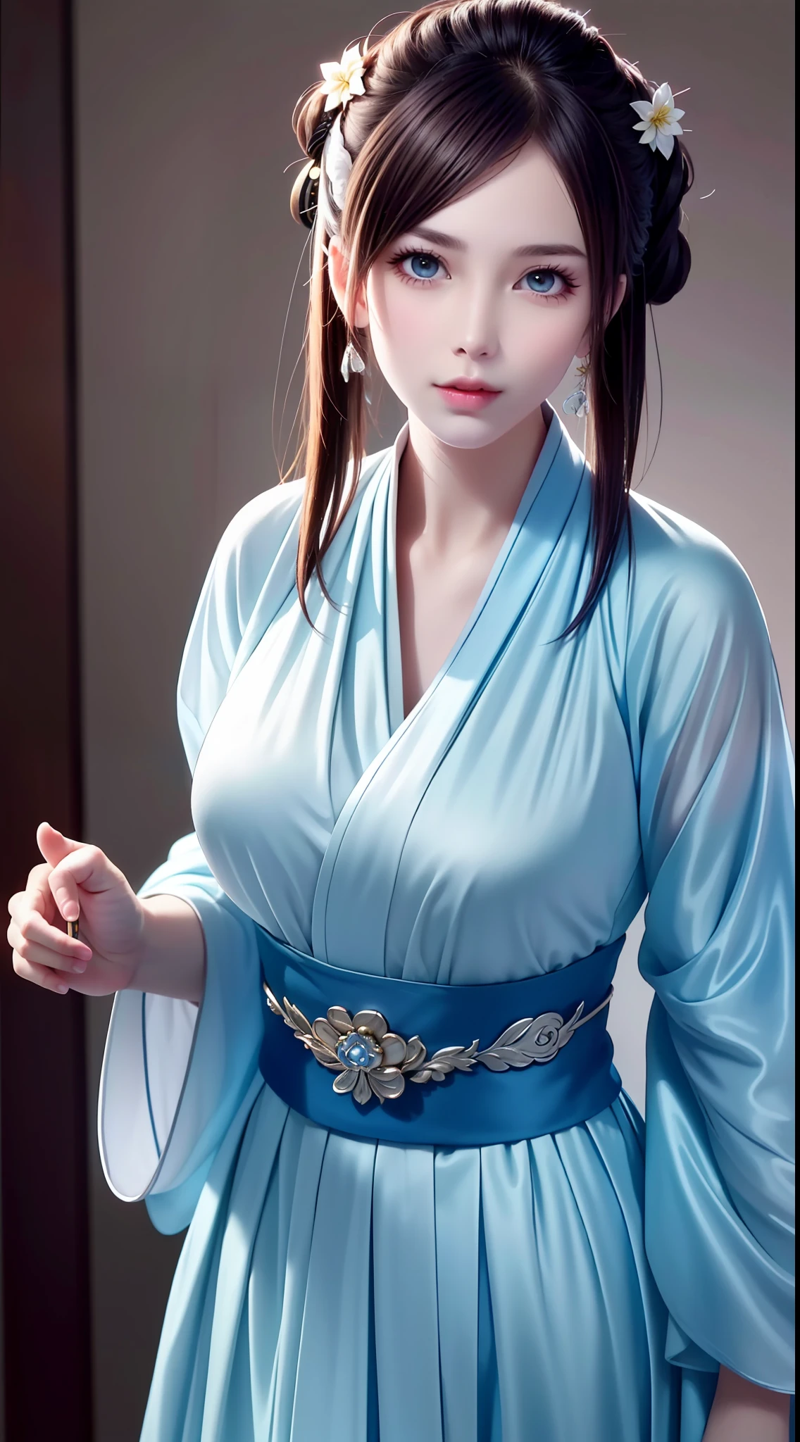 Hanfu, National Style 3.2, Full Body, Walking Posture, Slow Motion, Men Wear Full Body Multi-layered (Heavy Robe: 1.2), (Blue Ice Flower Long Dress: 1.2), Gloves, (Very Detailed, Bloom: 1.5), (Highest Quality, Alessandro Casagrande, Greg Rutkowski, Sally Mann, Concept Art, 4k), (Analog: 1.2), (High Definition), (Detail Pupil: 1.1), (Painting: 1.1), (Digital Painting: 1.1), Detailed Face and Eyes, Masterpiece, Best Quality, (Highly Detailed Photo: 1.1), 8K, Realistic, (Ice Hair Color, Dynamic Hairstyle), (pureerosface_v1:0.1), Jeremy Mann, Sandra Chevrier, Maciej Kuciara, Sharp, (torn body: 1.1), realistic, realistic shadows, (ice background: 1.2), (Michelangelo), ohwx style<lora: (style of ohwx) masterpiece, best quality, (extremely detailed CG unity 8k wallpaper, masterpiece, best quality, ultra-detailed, best shadow), (detailed background), (beautiful detailed face, beautiful detailed eyes), High contrast, (best illumination, an extremely delicate and beautiful), (girl:1.5), ((Not relevant)), ((caustic)), dynamic angle, beautiful detailed glow, (portrait:0.2),dynamic angle, beautiful detailed glow, (portrait:0.2),pigtail,full body,