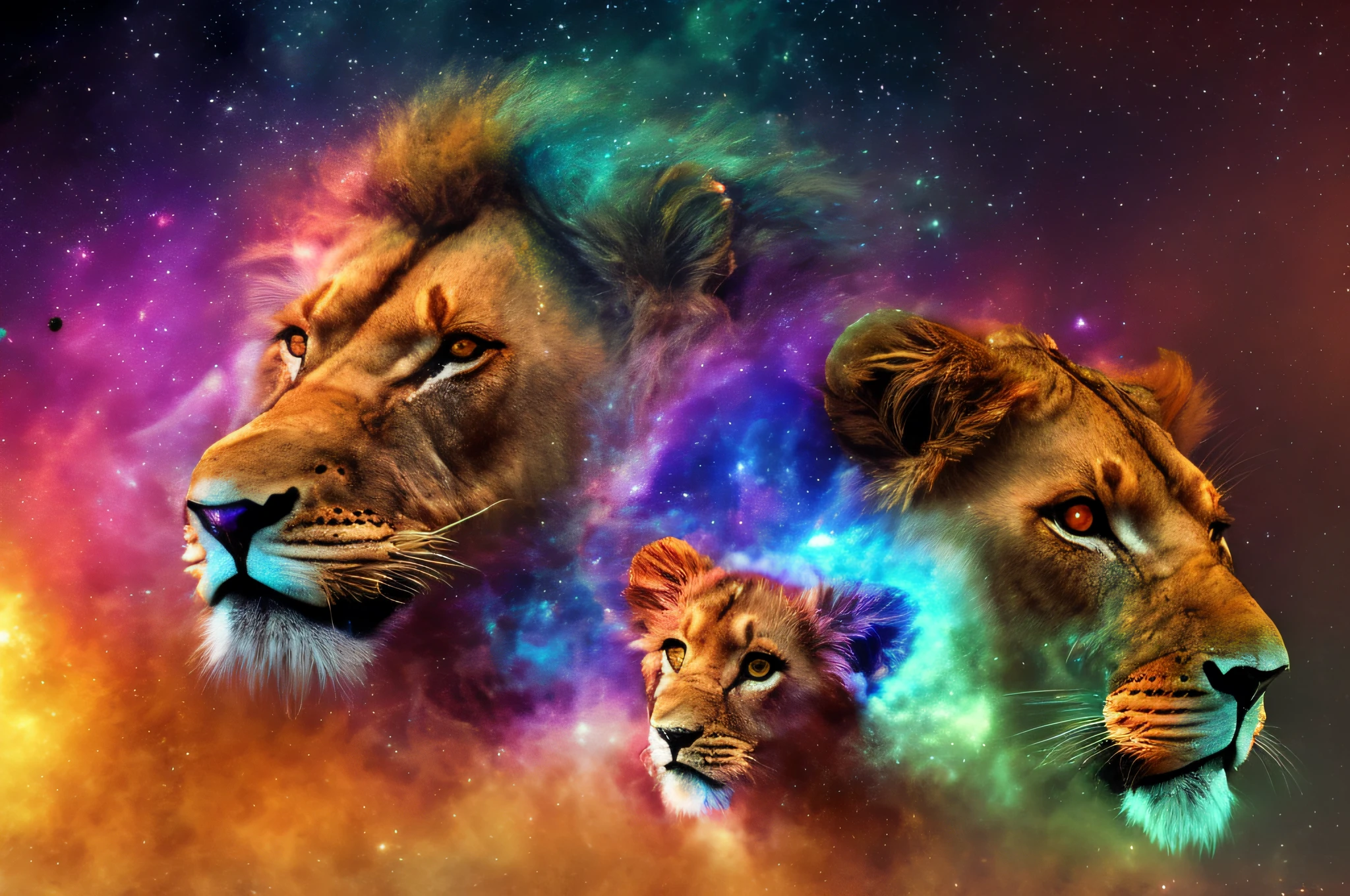 A family of lions and their cubs, galaxies, espirais, outer space, Nebulosas, estrelas, smoke, iridescente, detalhe intrincado, in the form of a lion family, octane rendering, 8k