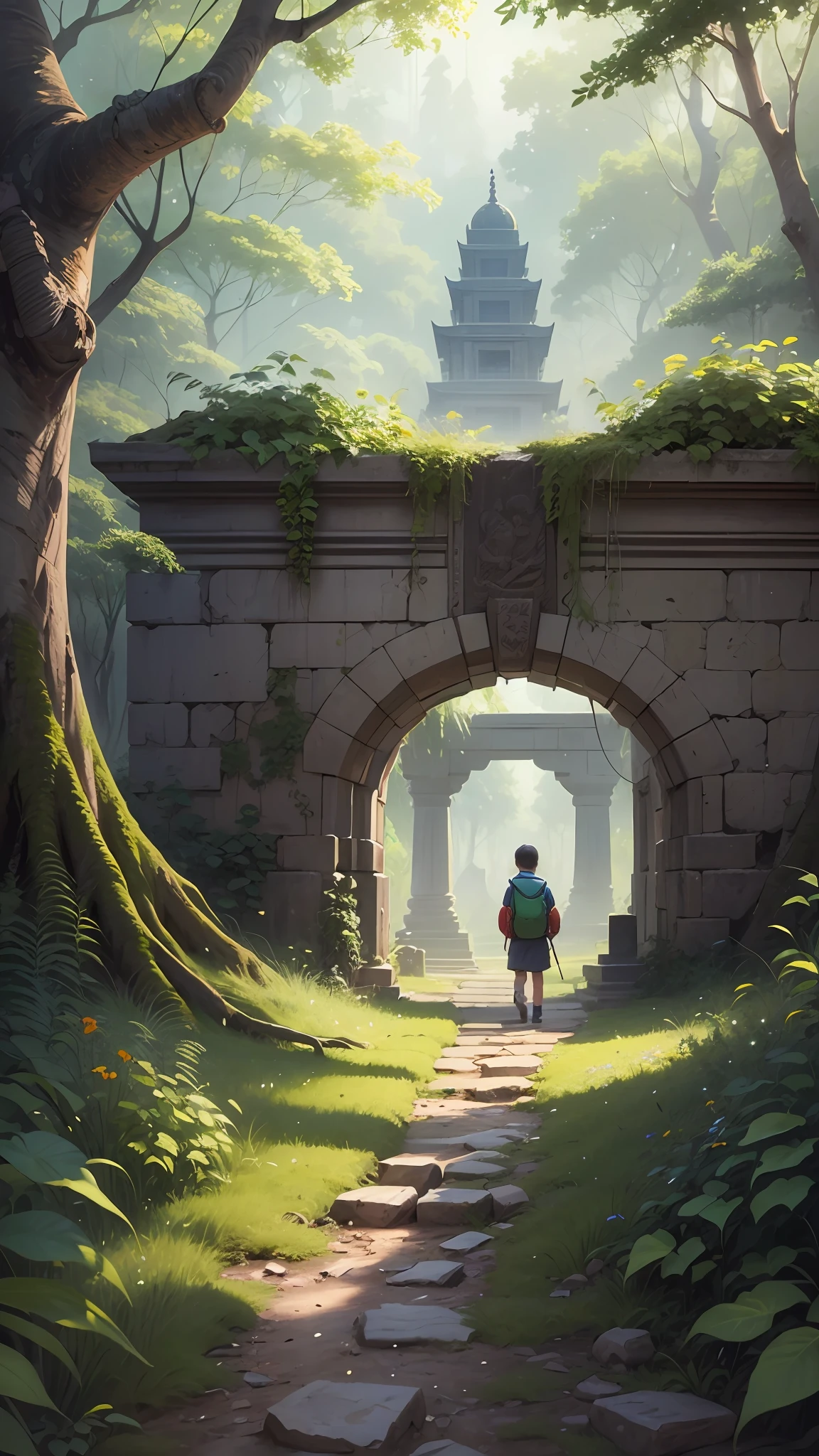 Boy from the back wearing explorer clothes with backpack, in the middle of a dense forest that opens onto a landscape in front of an ancient temple, children's drawing, book illustration style, - --auto --s2