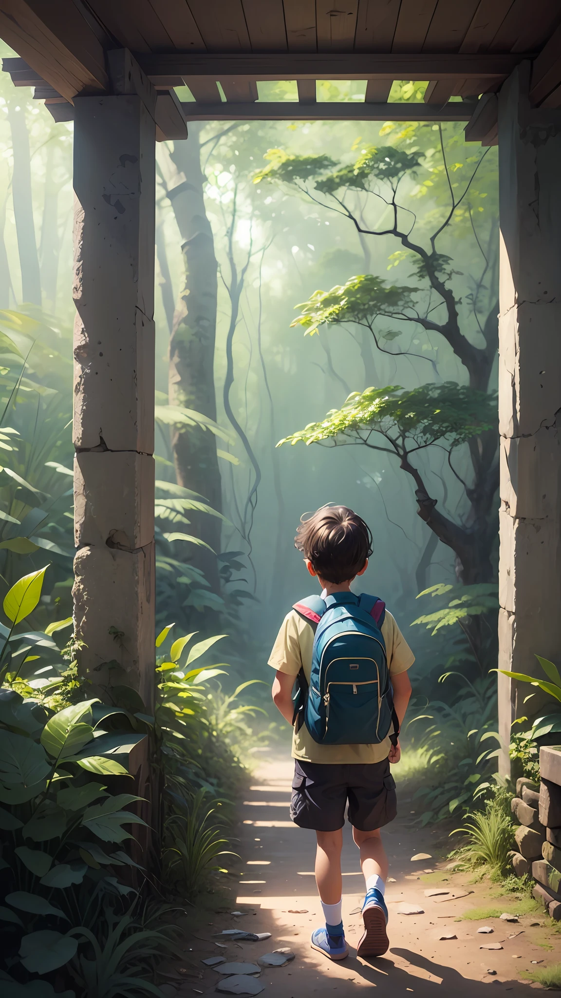Boy from the back wearing explorer clothes with backpack, in the middle of a dense forest that opens onto a landscape in front of an ancient temple, children's drawing, book illustration style, - --auto --s2