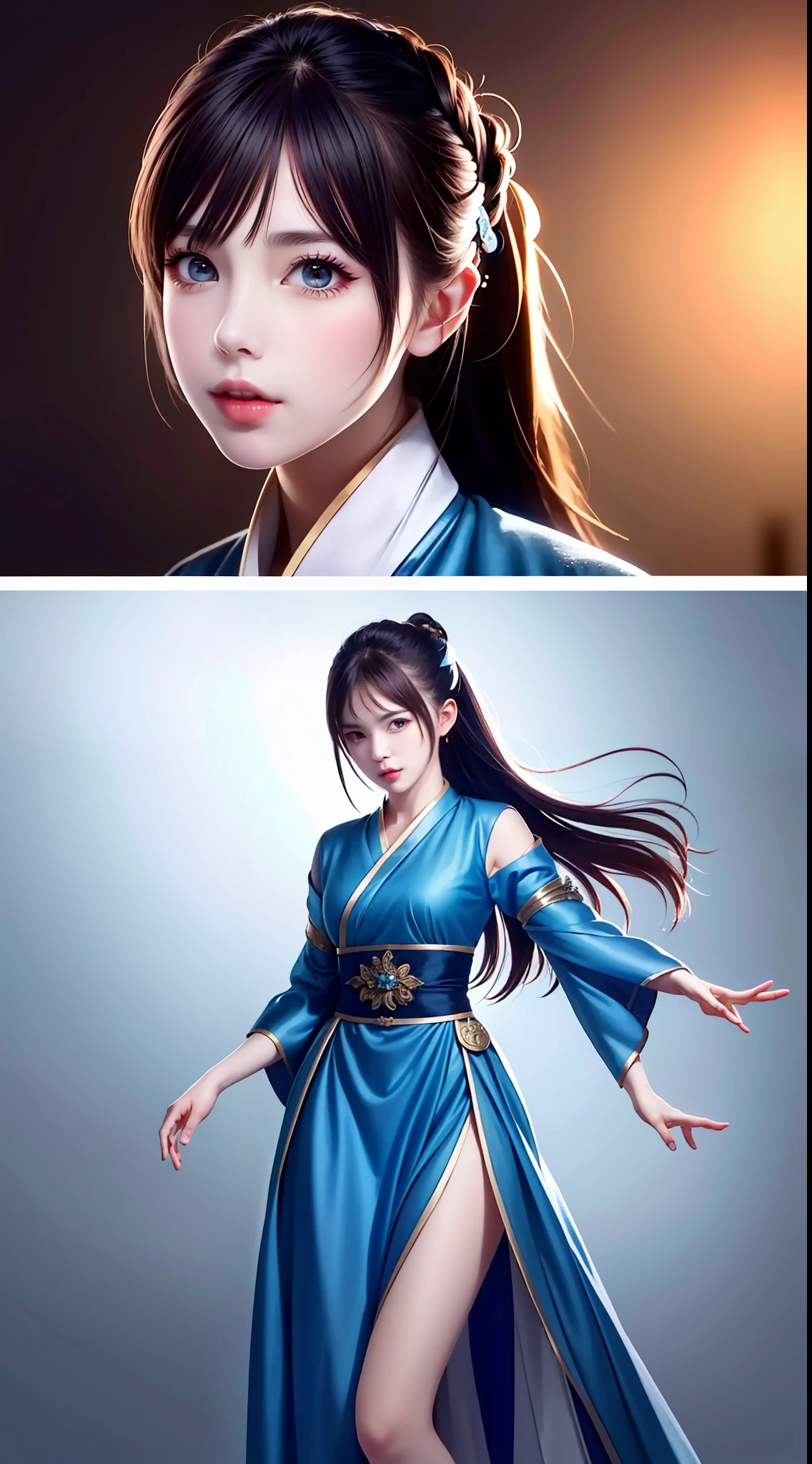 Hanfu, National Style 3.2, Full Body, Walking Posture, Slow Motion, Men Wear Full Body Multi-layered (Heavy Robe: 1.2), (Blue Ice Flower Long Dress: 1.2), Gloves, (Very Detailed, Bloom: 1.5), (Highest Quality, Alessandro Casagrande, Greg Rutkowski, Sally Mann, Concept Art, 4k), (Analog: 1.2), (High Definition), (Detail Pupil: 1.1), (Painting: 1.1), (Digital Painting: 1.1), Detailed Face and Eyes, Masterpiece, Best Quality, (Highly Detailed Photo: 1.1), 8K, Realistic, (Ice Hair Color, Dynamic Hairstyle), (pureerosface_v1:0.1), Jeremy Mann, Sandra Chevrier, Maciej Kuciara, Sharp, (torn body: 1.1), realistic, realistic shadows, (ice background: 1.2), (Michelangelo), ohwx style<lora: (style of ohwx) masterpiece, best quality, (extremely detailed CG unity 8k wallpaper, masterpiece, best quality, ultra-detailed, best shadow), (detailed background), (beautiful detailed face, beautiful detailed eyes), High contrast, (best illumination, an extremely delicate and beautiful), (girl:1.5), ((Not relevant)), ((caustic)), dynamic angle, beautiful detailed glow, (portrait:0.2),dynamic angle, beautiful detailed glow, (portrait:0.2),pigtail,full body,