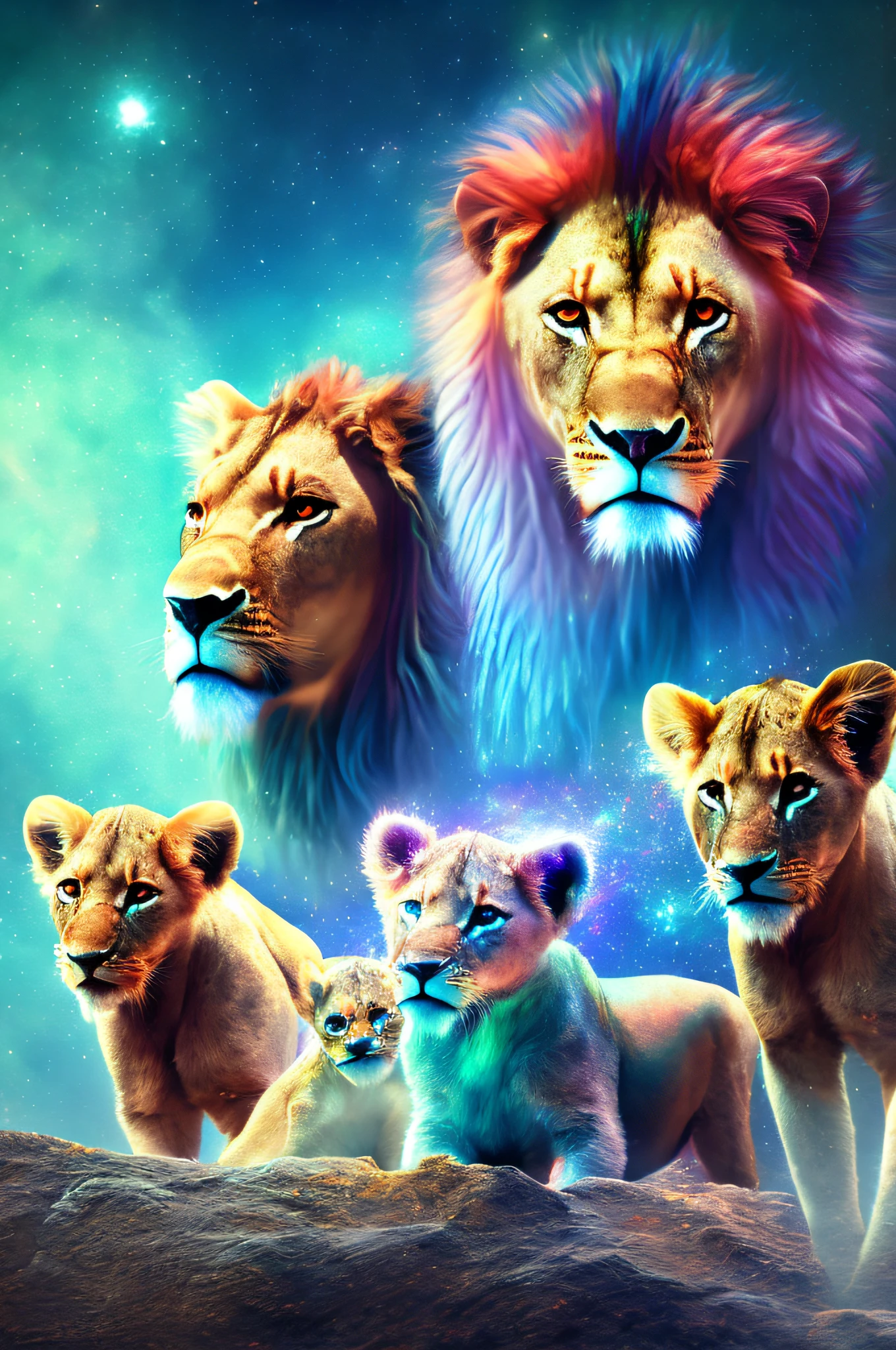 A family of lions and their cubs, galaxies, espirais, outer space, Nebulosas, estrelas, smoke, iridescente, detalhe intrincado, in the form of a lion family, octane rendering, 8k