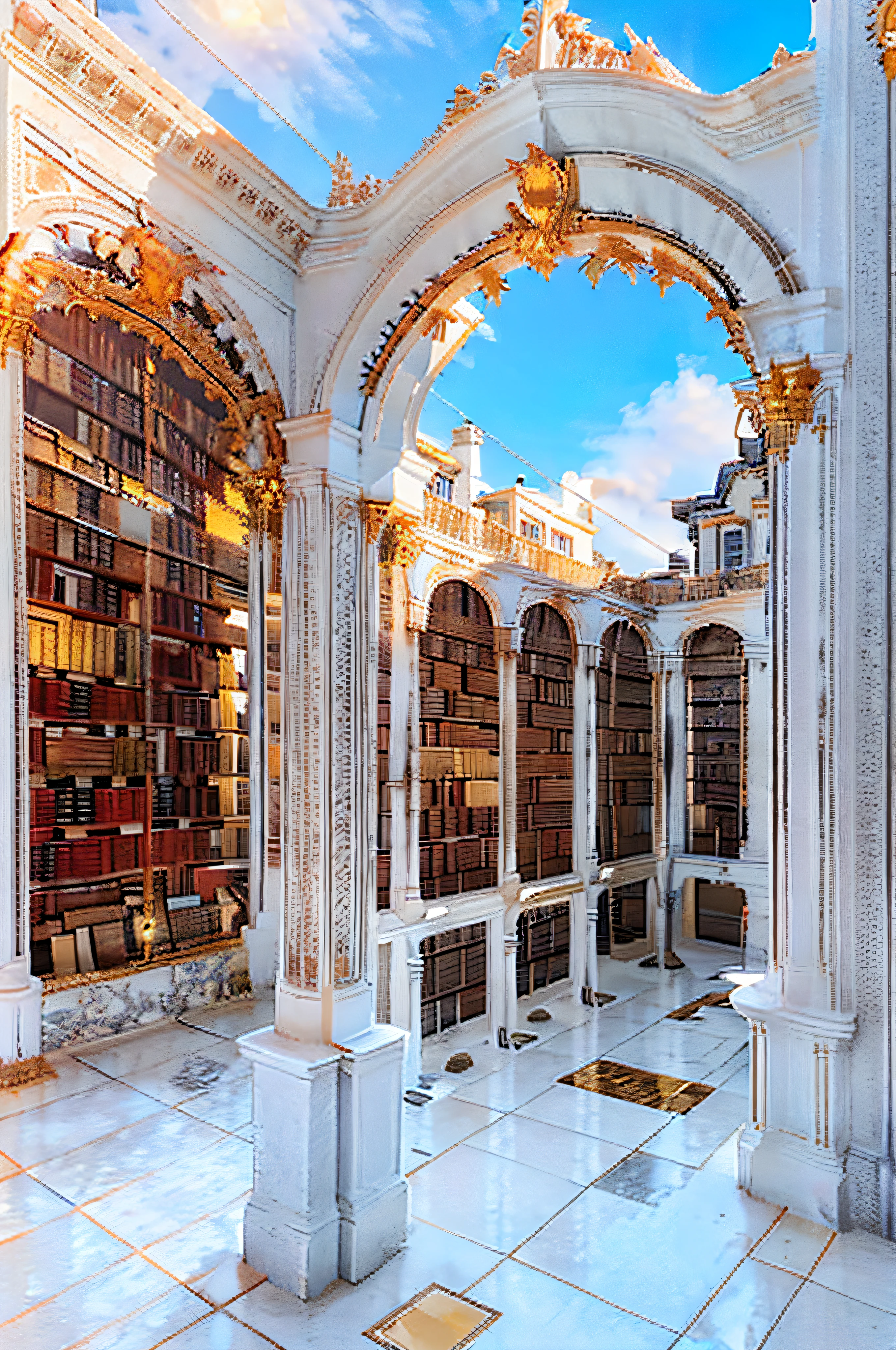 Concept art, absurd, surrealism, high resolution, official art, Unity 8k wallpaper, ultra detail, white marble, gold bricks, golden architecture, bright sky