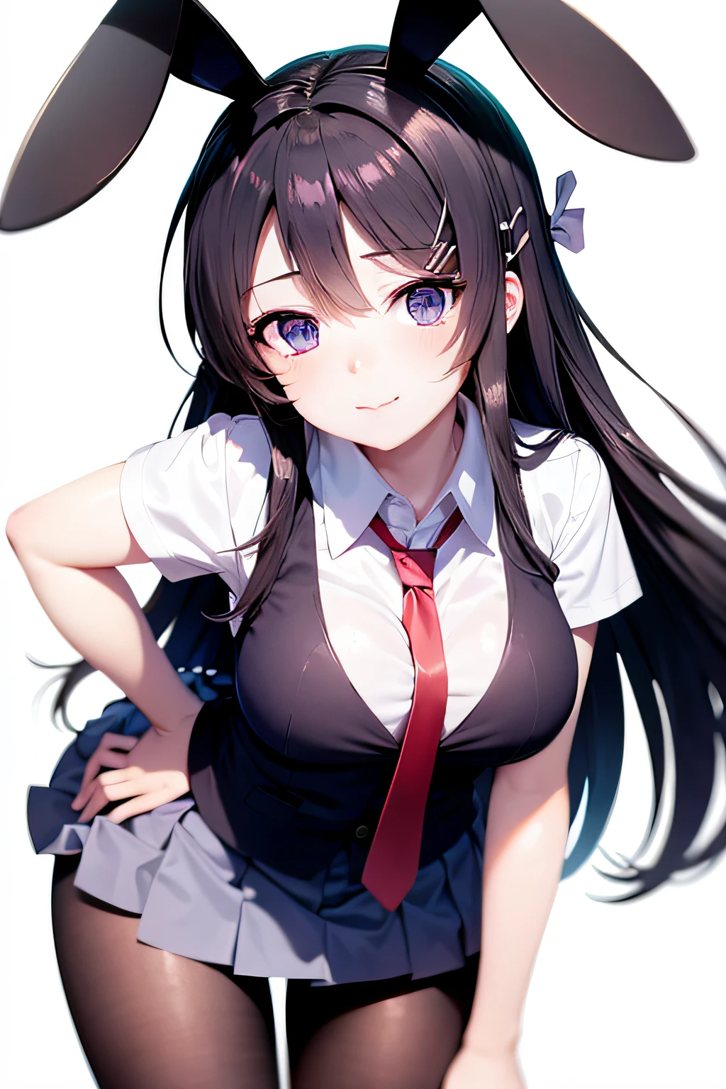 School uniform, white shirt, pantyhose, pleated skirt, tie, rabbit ears, Mai sauce, faint smile, mid_breats, best quality, behind arms, leaning forward