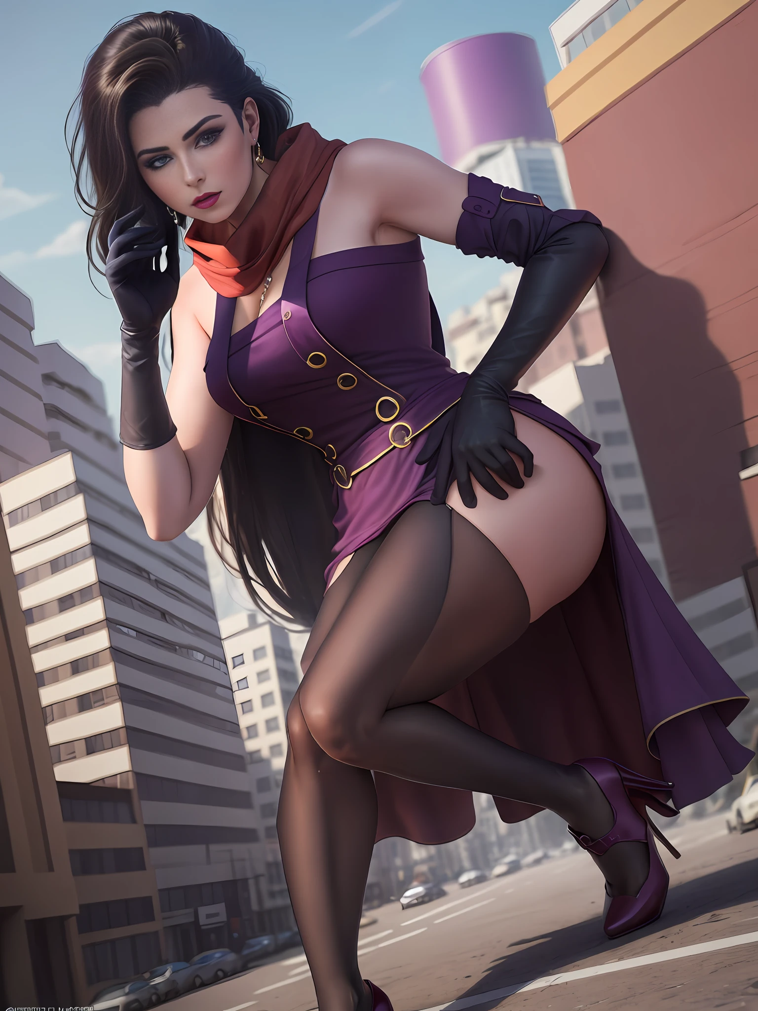 (Masterpiece, best quality, high quality: 1.4), professional art, intricate details, field of view, sharp focus, detailed painting, photorealistic lighting, trend in pixiv, (vivid lighting, vibrant colors: 1.05), realistic shadows, ambient occlusion,
LisaLisa, (mature female, milf:1.1), solo, standing, posing, (Fashion Flamboyance:1.1), hand on hip, (sky background:1.1), (full-body shot:1.1), looking at the viewer,
black hair, long hair, (scarf: 1.1), lipstick, makeup, ultra detail hair, ultra detail face, (blue eyes|purple:1.05), perfect eyes, perfect face,
(black pantyhose: 1.1), heels, broad shoulder, dress, miniskirt, bare shoulders, necklace, purple gloves,
(Big breasts:1.15), big ass,