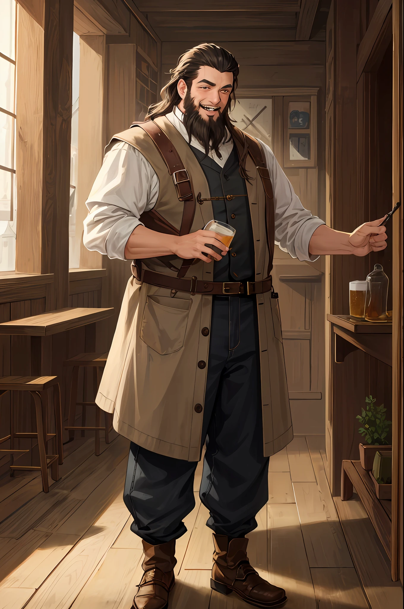 masterpiece, best quality, absurdres, perfect antomy, cinematic lighting, 1boy, sturdy, dwarf, full beard, long beard, merchant, smile, laughing, indoors, tavern, beer