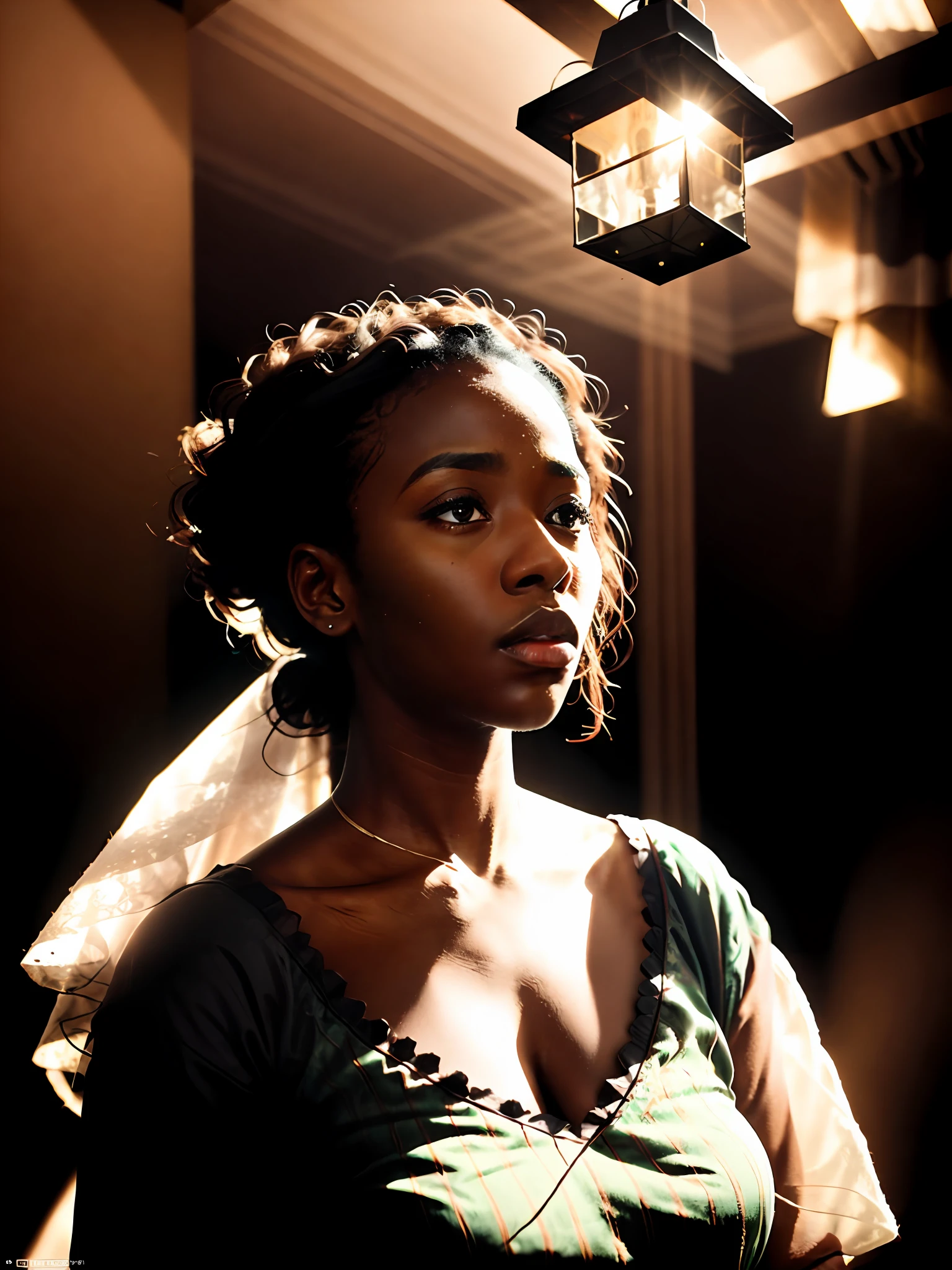 analog photographic highly detailed cinematic of a ghost beautiful ((dark skinned)) African woman inside an apartment, dressed in white, bauhaus-esque, hyperdetailed, ominous, ethereal, dramatic lighting, soft contrast, faded