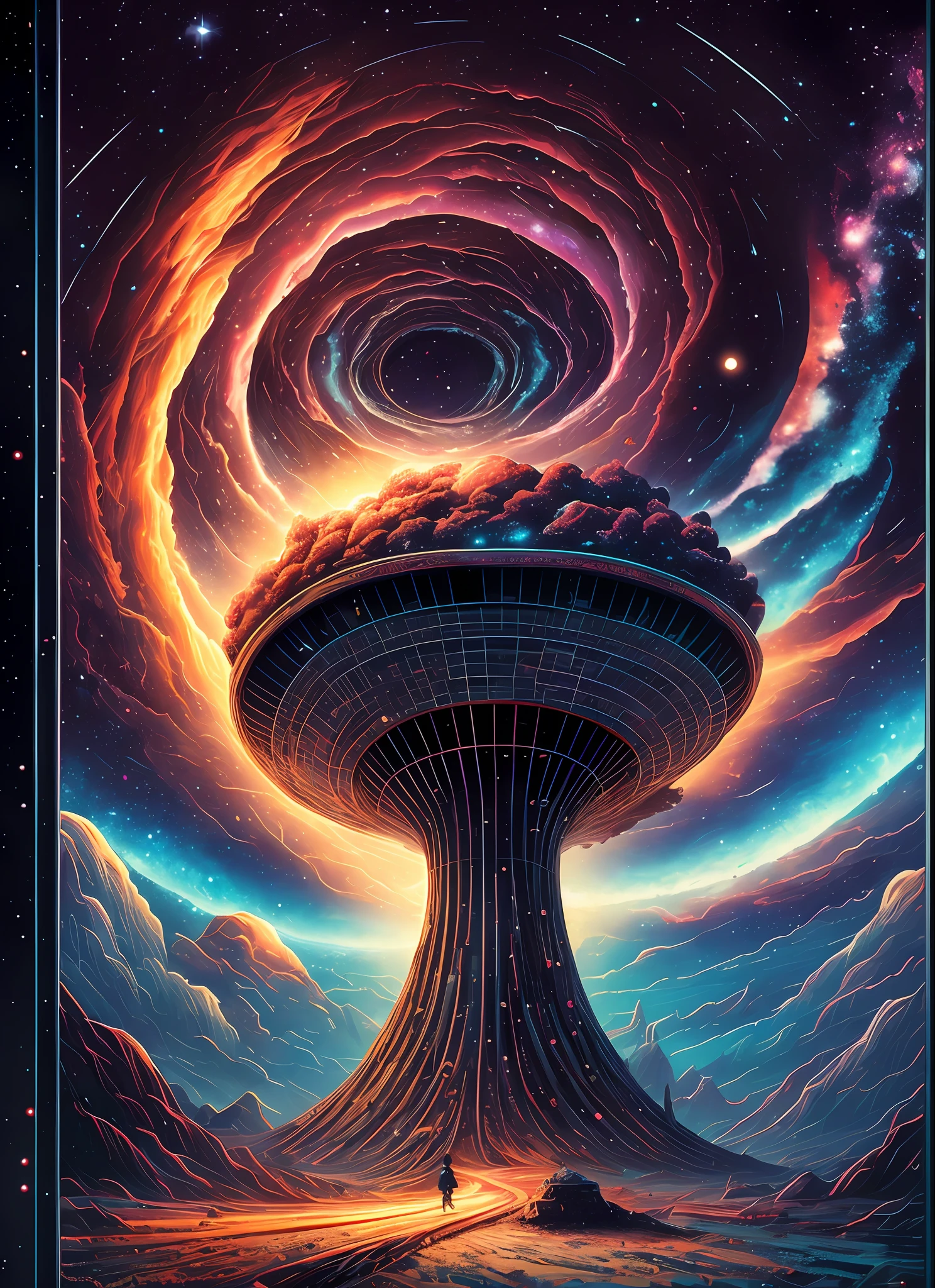 an anthill on the tardis dimension, looking into the infinite length of the universe, endless galaxies, dangerous black holes, exploding super novas, floating stars, endless staircases, starry nebulae, disturbing, cinematic atmosphere, negative dark mode, matrix atmosphere, swirling digital code with cloudstorm van gogh