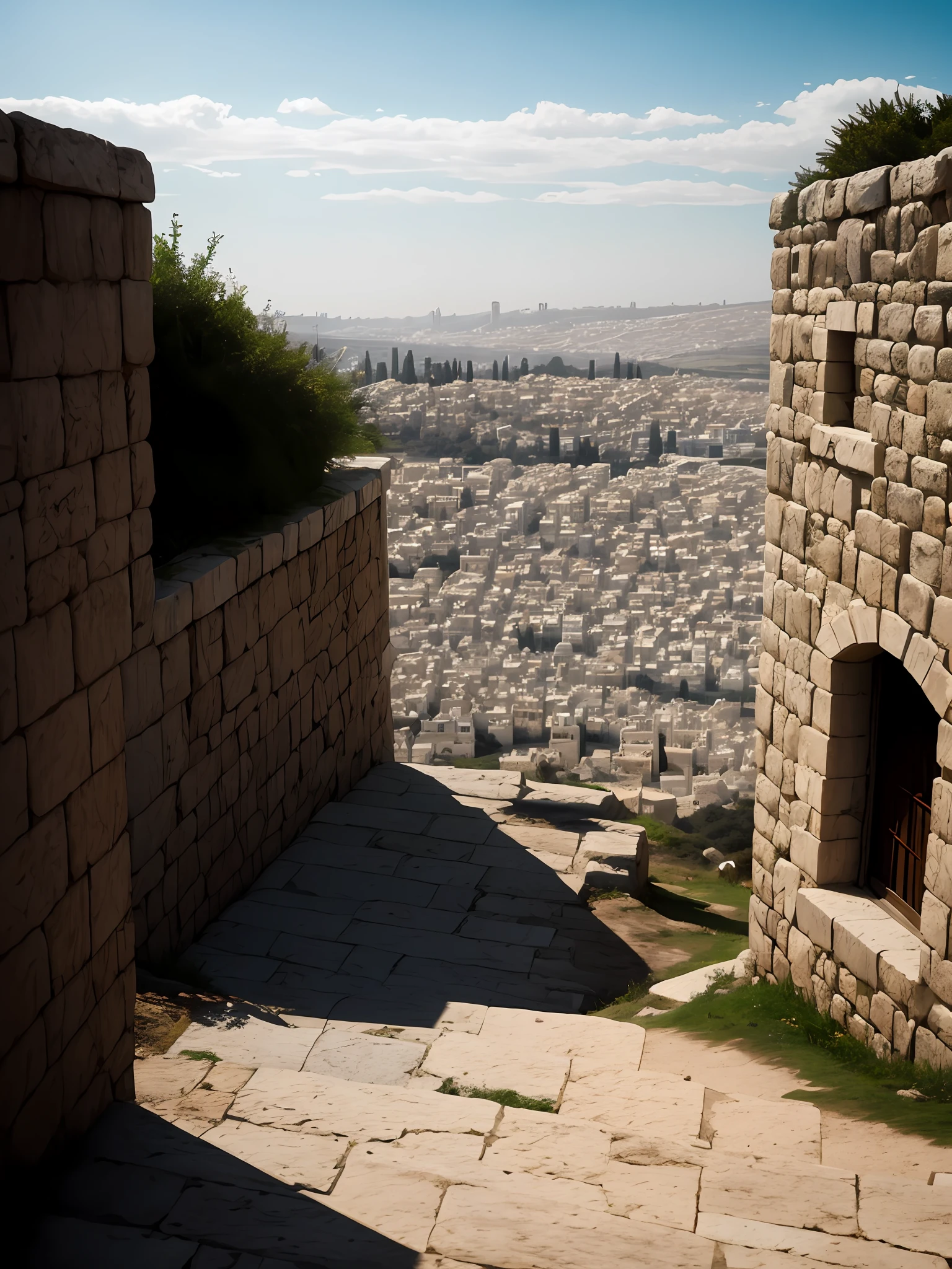 8k, ultra qualidade, hiper-realista, foto, fantasia, halfling homem, jesus crist child, nariz muito largo, detalhado, pele, rosto detalhado, brassiere, peito fechado, pano, luz baixa artificial, brilhante, luz solar, Outdoor Hills and city Jerusalem, dnd, slate atmosphere, Cinematic, cores esmaecidas, tiro escuro, cores silenciadas, filme granulado, lut, assustador
