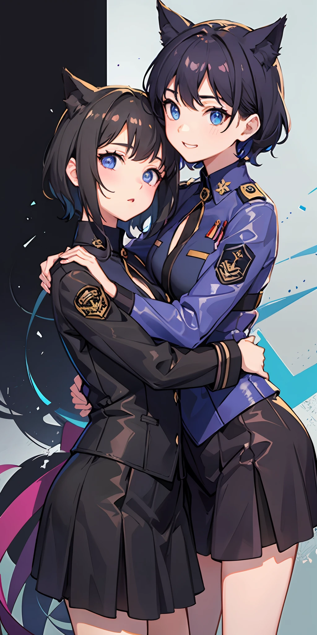 2 girls、 {{Master peace}}, short wavy hair, navy hair, black cat ear, Blue eyes、military outfit、embracing each other、{{Master peace}}, {{{maximum quality}}}, {{ultra- detailed}}, {{illustration}}, short hair,Purple eyes,Black hair、military outfit、embracing each other、Fashionable background