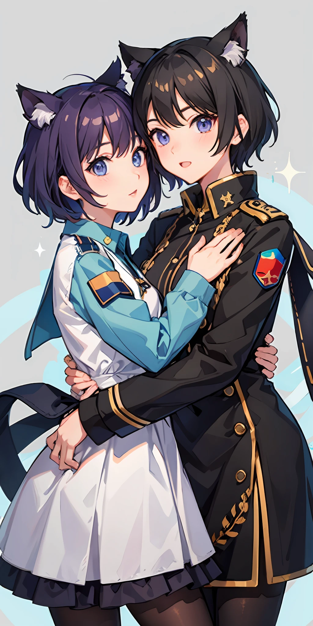 2 girls、 {{Master peace}}, short wavy hair, navy hair, black cat ear, Blue eyes、military outfit、embracing each other、{{Master peace}}, {{{maximum quality}}}, {{ultra- detailed}}, {{illustration}}, short hair,Purple eyes,Black hair、military outfit、embracing each other、Fashionable background