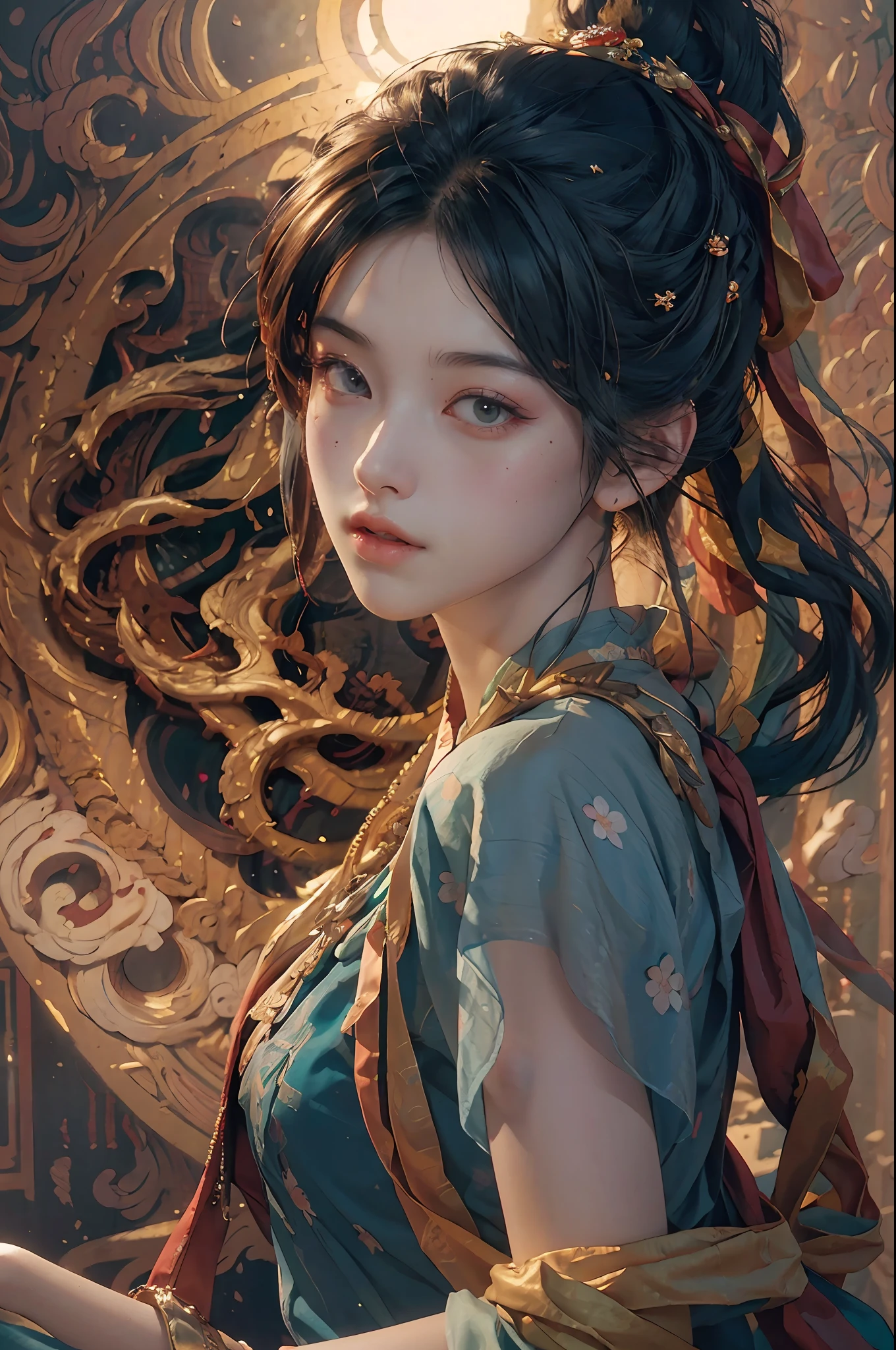 (RAW photo, best quality), (realistic, photo-realistic:1.3),best quality,highly detailed,masterpiece,ultra-detailed,illustration,1boy,dynamic angle,world masterpiece theater,messy_long_hair,best quality,extremely detailed CG unity 8k wallpaper,ink,Amazing,cinematic lighting,lens_flare, dunhuang_style