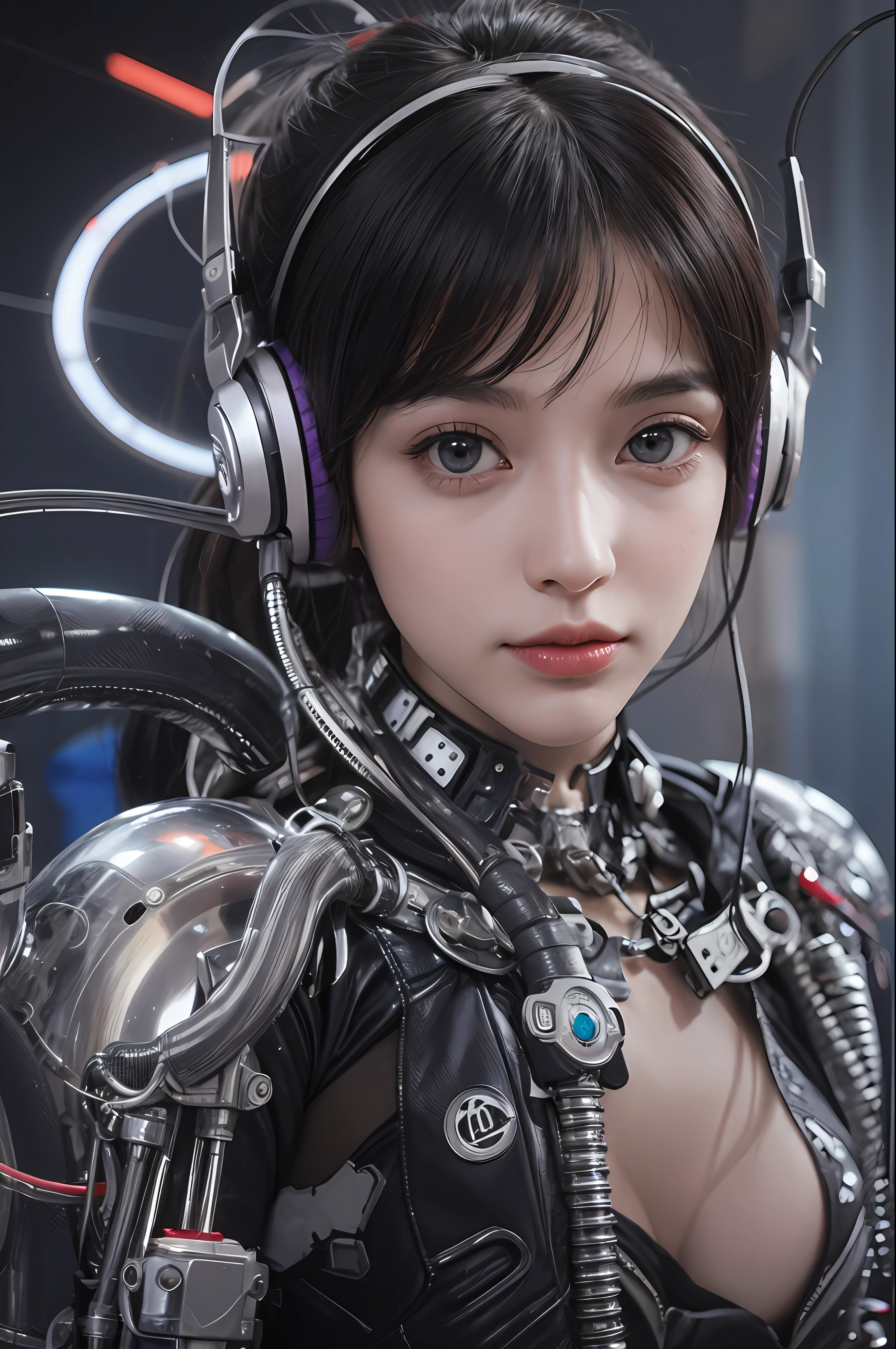 maximum quality、A Masterpiece、ultra-high-res、(photo-realistic:1.4)、Raw photo、The girls1people、Black hair、glowy skin、1 Mechanical Girl、((ultra realistic details))、portrait、Global Illumination、Shadow、Octane Render、8K、ultra sharp、huge tits、Raw skin is exposed in cleavage、metal、Details of complex ornaments、headset、Hydraulic cylinder、Highly intricate details、Realistic light、CGSoation Trends、Purple eyes、GLOWING EYES、Facing the camera、More about neon、Mechanical limbs、blood vessels connected to tubes、Mechanical vertebrae attached to the back、Mechanical neck attachment、Sitting、Wires and cables connecting to the head、Evangelion、Cyberpunk、Small LED lamp、The background is the cockpit of a futuristic spaceship、