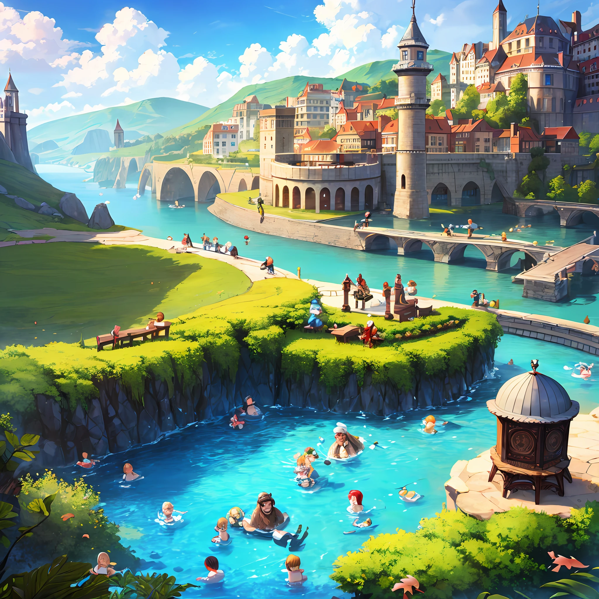 Masterpiece, best quality, 8k, dwarf, a group of dwarves swimming, river, large beard, stone fortress background