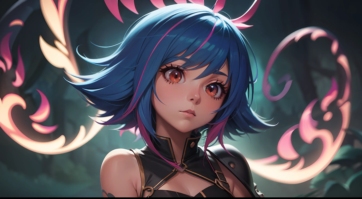 anime girl with blue hair and pink hair and a green tail, 2 d anime style, stylized anime, made with anime painter studio, anime stylized, anime style. 8k, painted in anime painter studio, anime artstyle, hero 2 d fanart artsation, unknown artstyle, anime moe artstyle, game art!!, anime monster girl