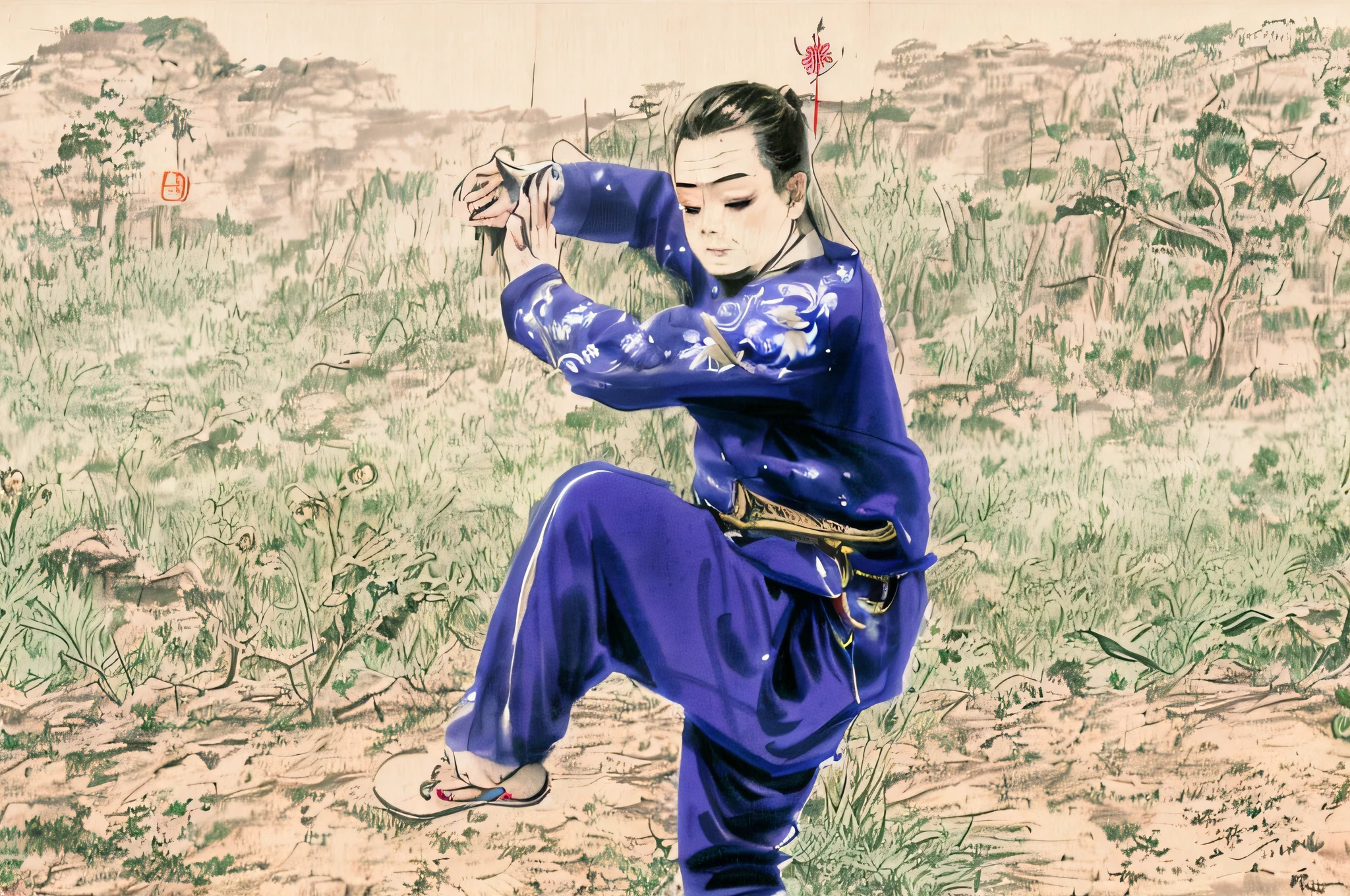 Uma mulher de 40 anos praticando Qi Gong na China