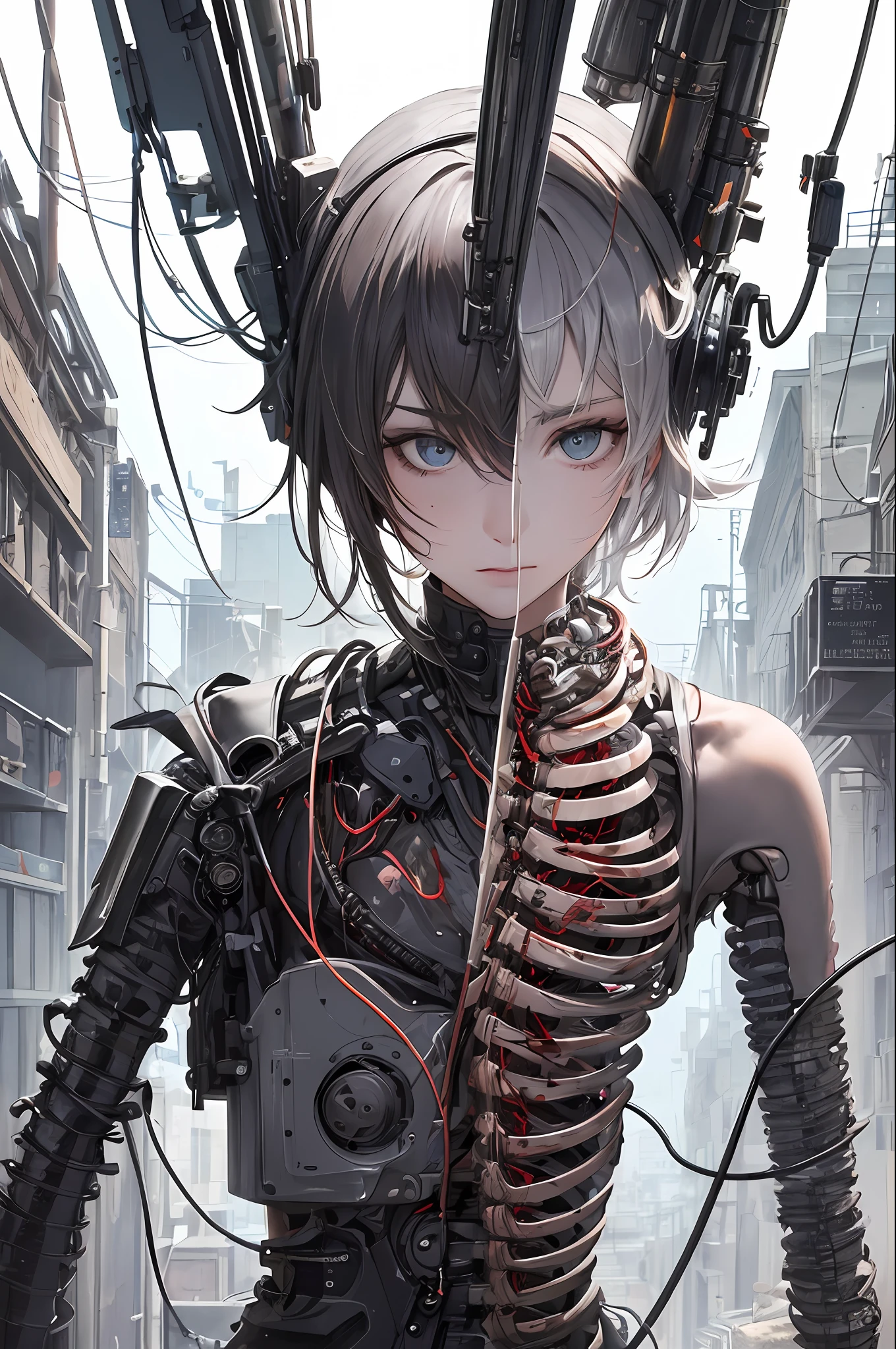 (obra-prima, qualidade superior, melhor qualidade, arte oficial, beautiful and aesthetic: 1.2), (1girl: 1.3), extremamente detalhado, colorido, mais detalhado ((ultra-detalhado)), (Highly detailed CG illustration), ((uma extremamente delicado e bonito)),(de lado),cinematic light,((1 Cavalo)),solo,corpo inteiro,(machine-made joints:1.2),((machanical limbs)),(blood vessels connected to tubes), (mechanical vertebra attached to the back),((mechanical cervial attached to the neck)),(sentado),expresionless,(wires and cables attached to the neck:1.2),(wires and cables on head:1.2)(foco no personagem),science fiction, fundo branco, (sangue: 1,5)