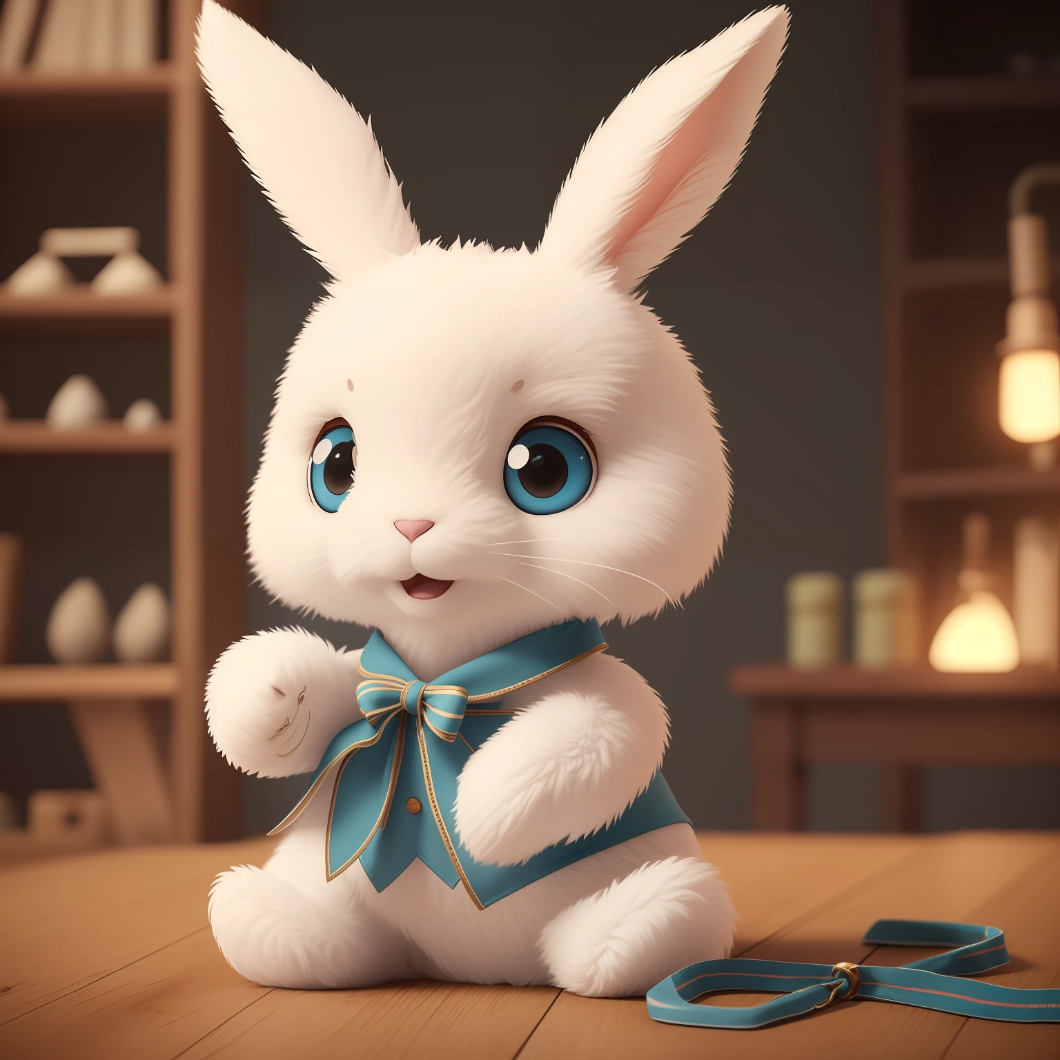 White stuffed rabbit is sewing。Sewing bunny. a Pretty。The background is a garment factory or handicraft shop。hare, Blurring、I like sewing machines。ribbons、30cm bit。Needle and thread Front View,small and cute anthropomorphic whit fluffy rabbit cub, , wearing a cool royal highend uniform, Full body, Standing, symmetrical ears, Bright Big Eyes, sweet smiling face, , softly, complex hairy details, soft movie lighting, in 8K, Portrait, pokmon animation style, Octane Rendering, rendering in the unreal engine, high quality v 4 2 --auto
