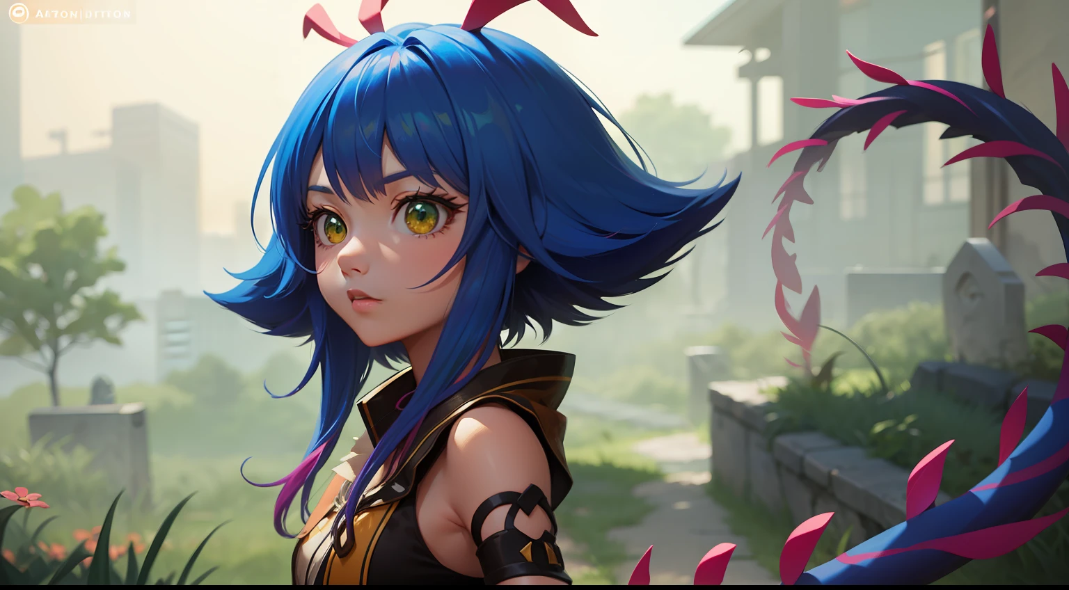 anime girl with blue hair and pink hair and a green tail, 2 d anime style, stylized anime, made with anime painter studio, anime stylized, anime style. 8k, painted in anime painter studio, anime artstyle, hero 2 d fanart artsation, unknown artstyle, anime moe artstyle, game art!!, anime monster girl