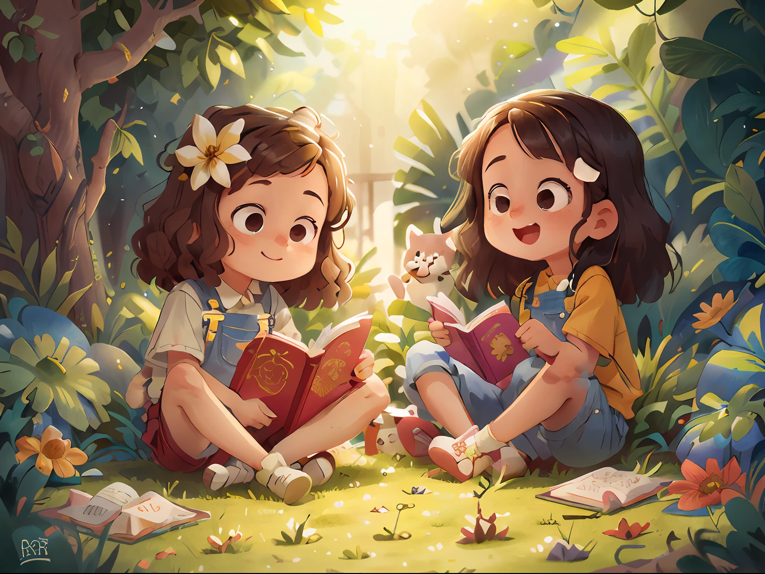 Once upon a time, in a flowery and peaceful garden, were the adorable curly-haired brunette twins, Larissa and Andressa. They were wearing overalls and a white blouse. They were very obedient and always ready to help! The two are holding a magic book. Happy, Happy, Perfect Quality, Clear Focus, (Clutter - Home: 0.8), (Masterpiece: 1.2) (Realistic: 1.2) (Bokeh) (Best Quality) (Detailed Skin: 1.3) (intricate details) (8k) (detail eyes) (Crisp Focus), (Happy)