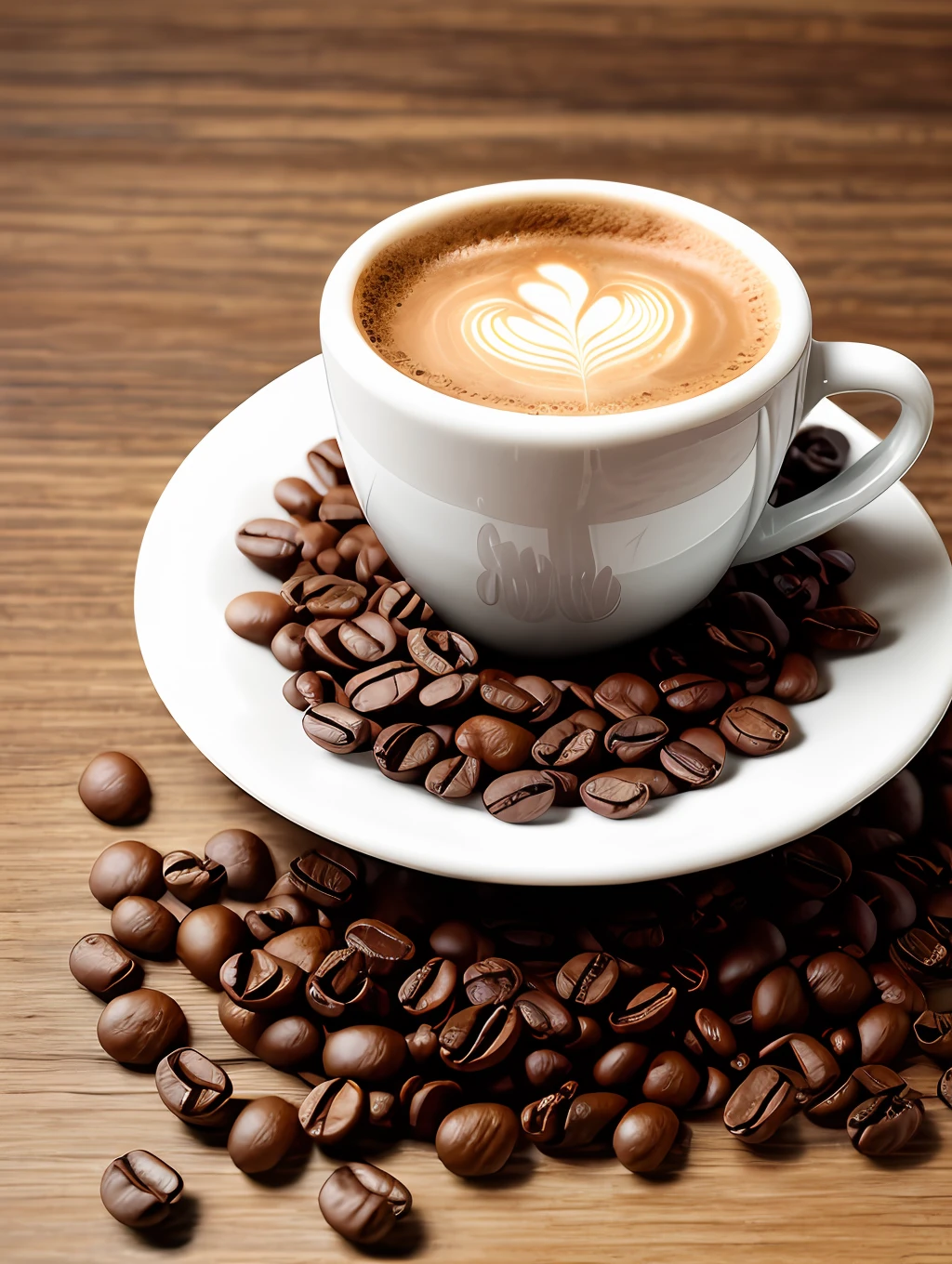 A cup of hot coffee, fumaca, coffee beans, realista, mesa, prensa francesa, intrincada, desfoque de fundo